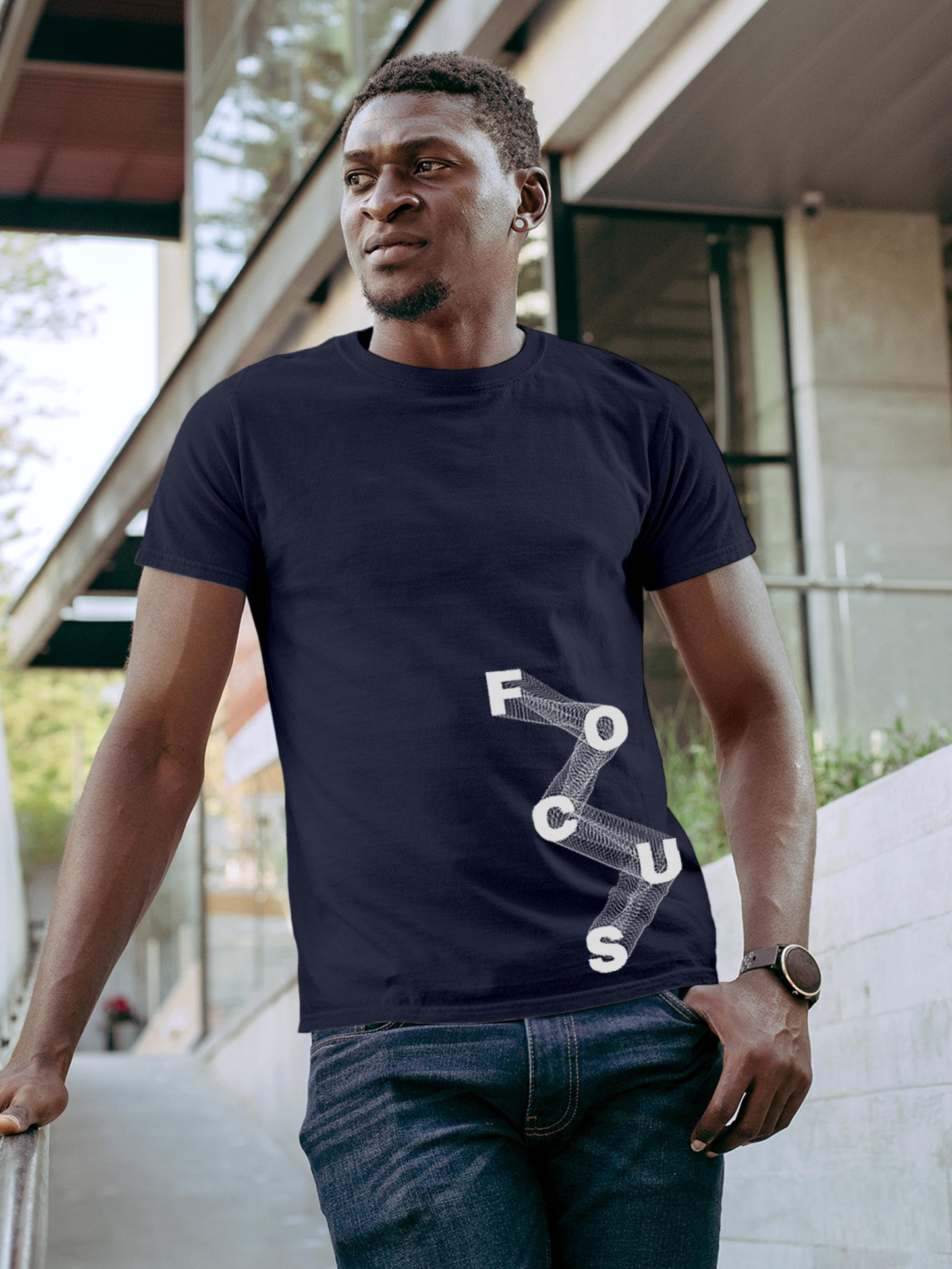 Model wearing Men's Navy Blue Round Neck T-shirt with 'Focus' design, offering effortless style and premium comfort