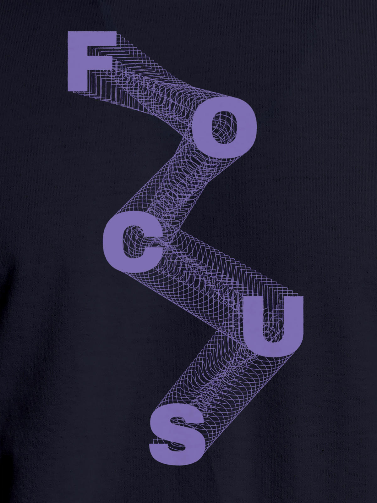 Close up of 'Focus' design on Men's Navy Blue Round Neck T-shirt, highlighting intricate details and vibrant print.