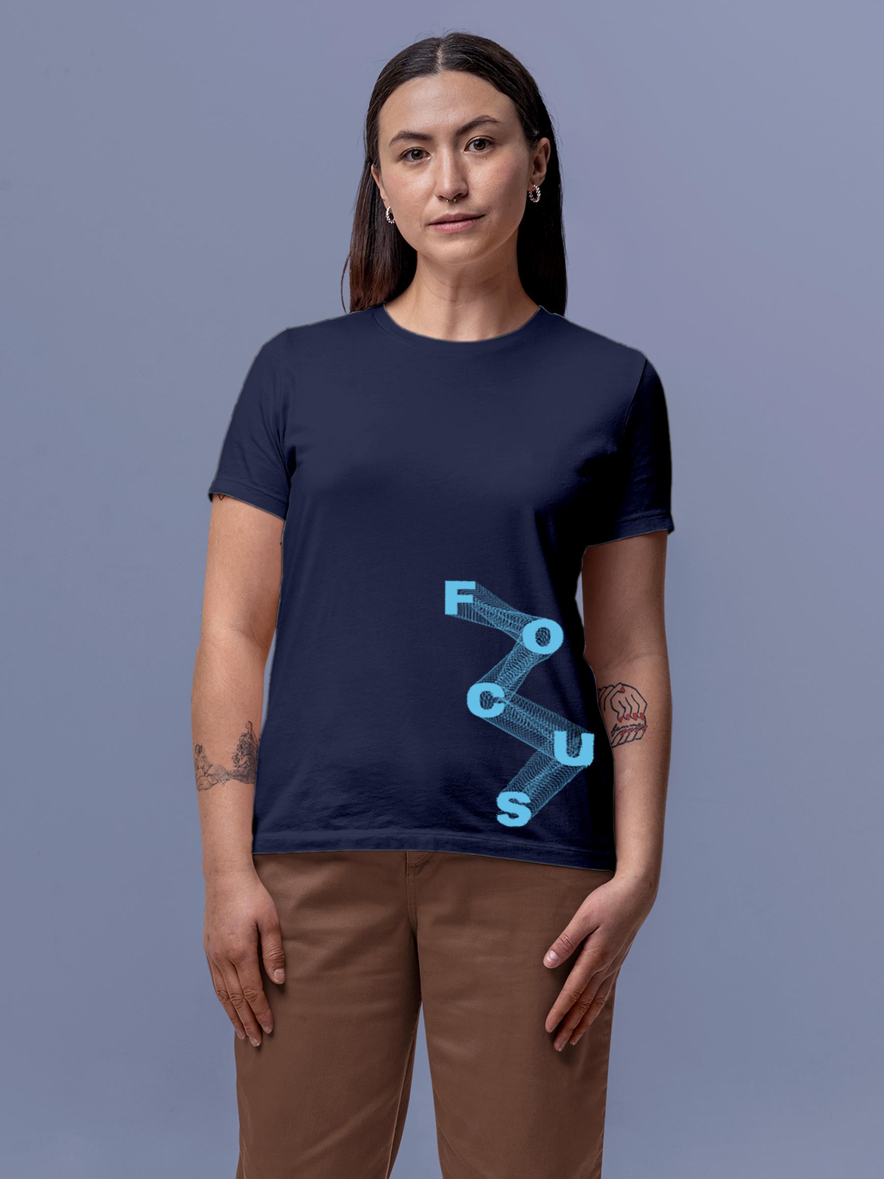 Model wearing Women's Navy Blue Round Neck T-shirt with 'Focus' design, offering effortless style and premium comfort