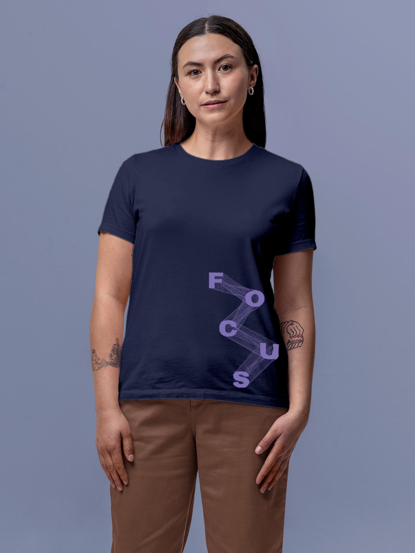 Model wearing Women's Navy Blue Round Neck T-shirt with 'Focus' design, offering effortless style and premium comfort