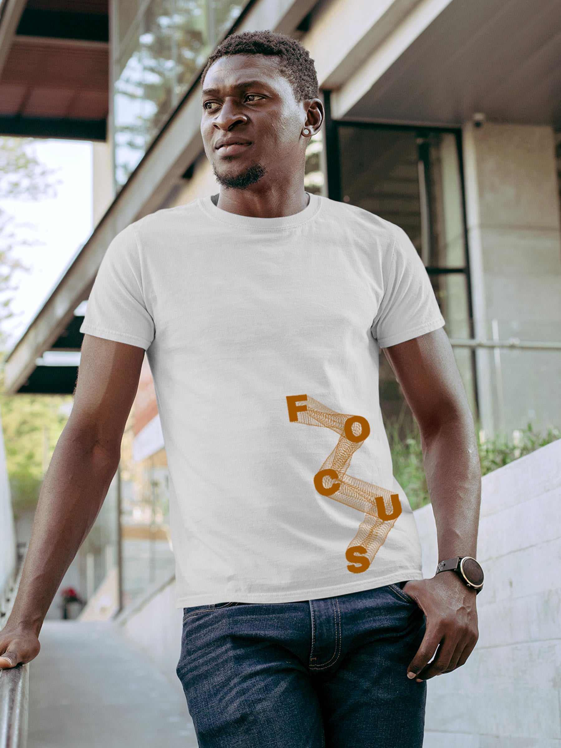 Model wearing Men's White Round Neck T-shirt with 'Focus' design, offering effortless style and premium comfort