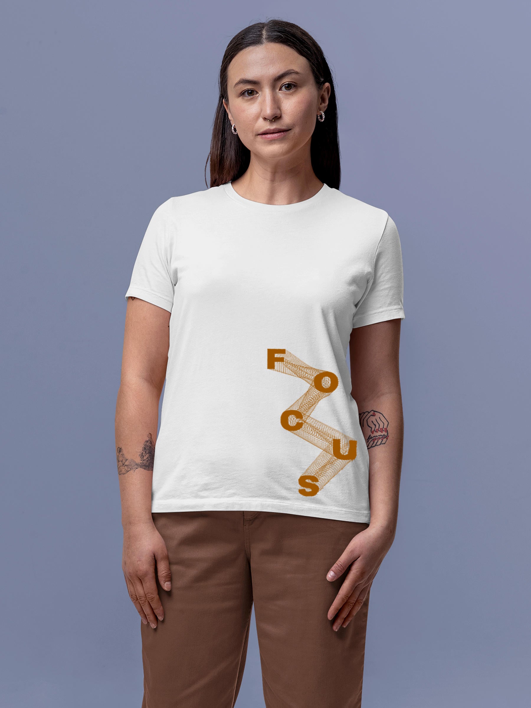 Model wearing Women's White Round Neck T-shirt with 'Focus' design, offering effortless style and premium comfort