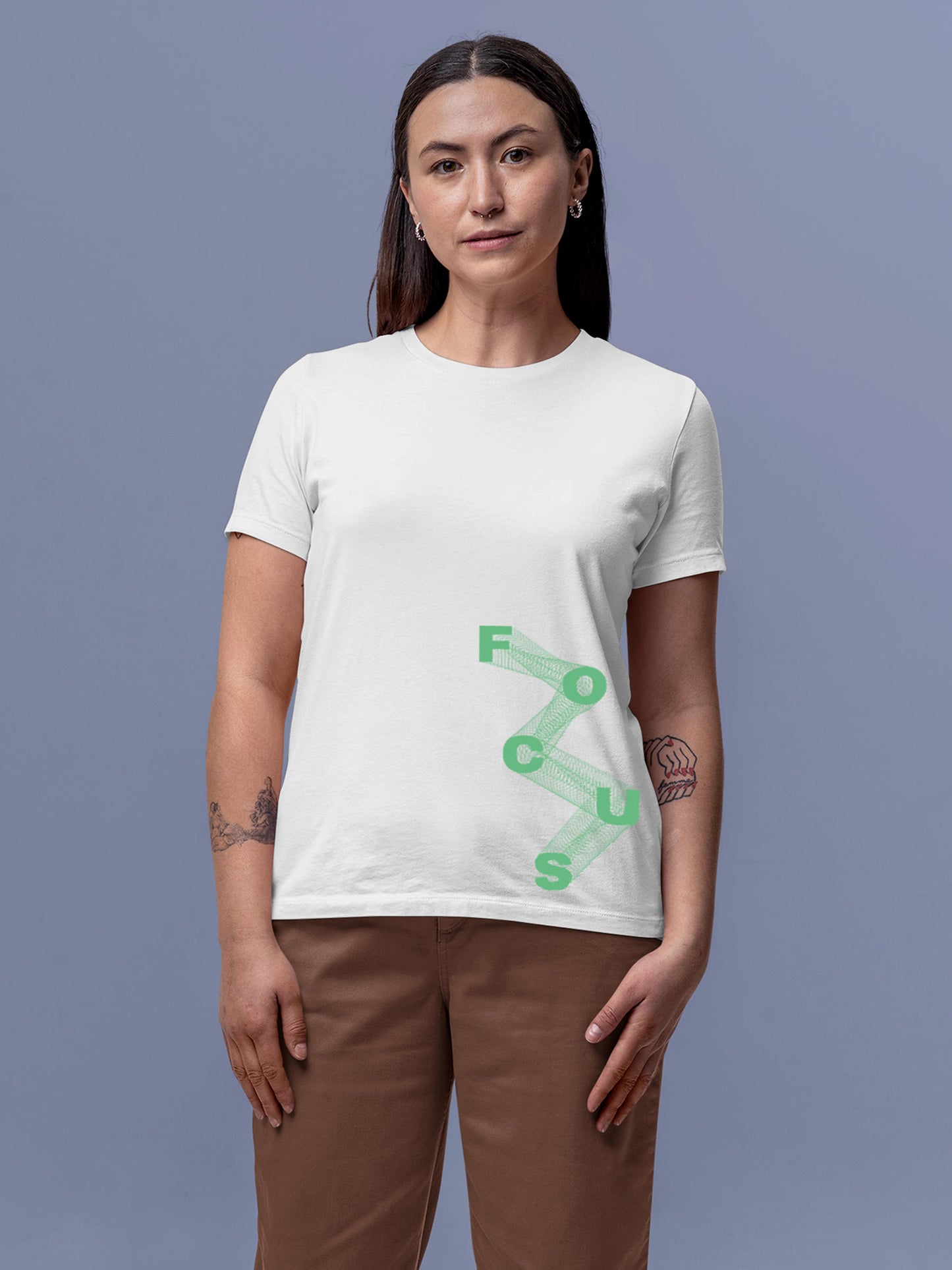 Model wearing Women's White Round Neck T-shirt with 'Focus' design, offering effortless style and premium comfort