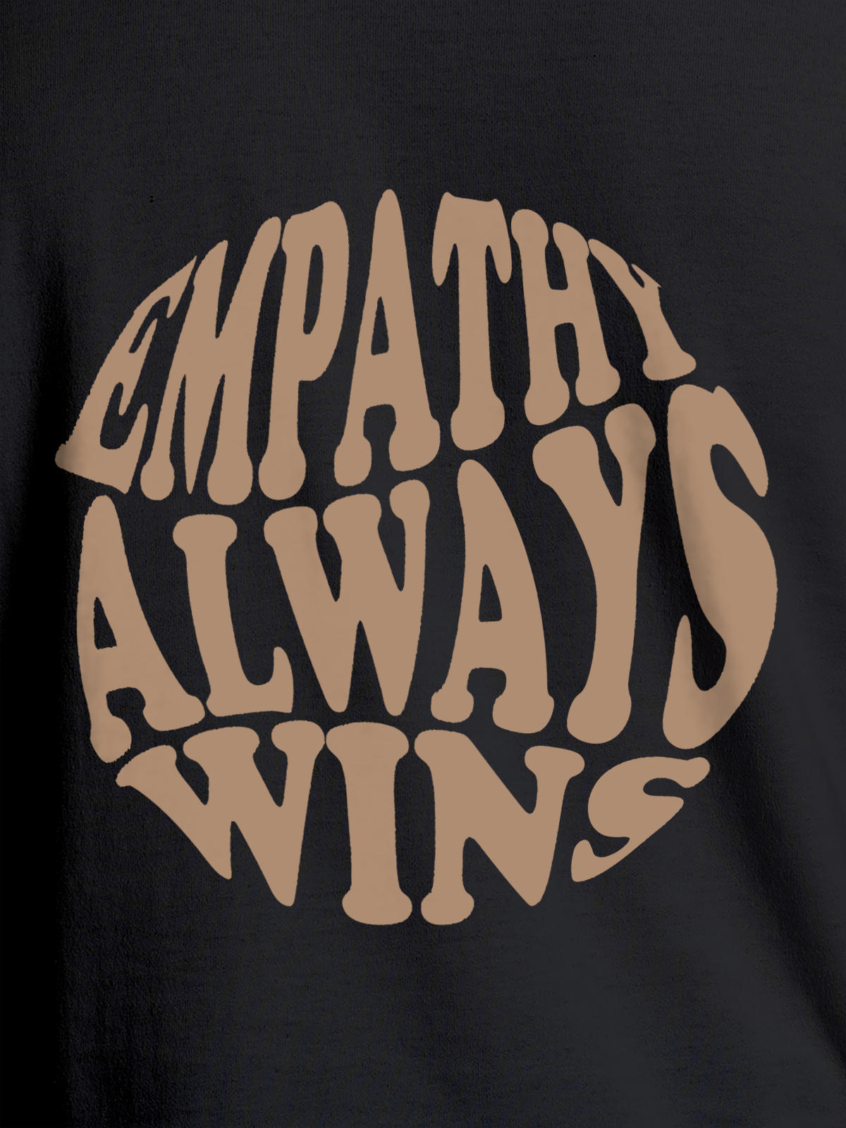 Close up of 'Empathy Always Wins' design on Men's Dark Grey Round Neck T-shirt, highlighting intricate details and vibrant print.