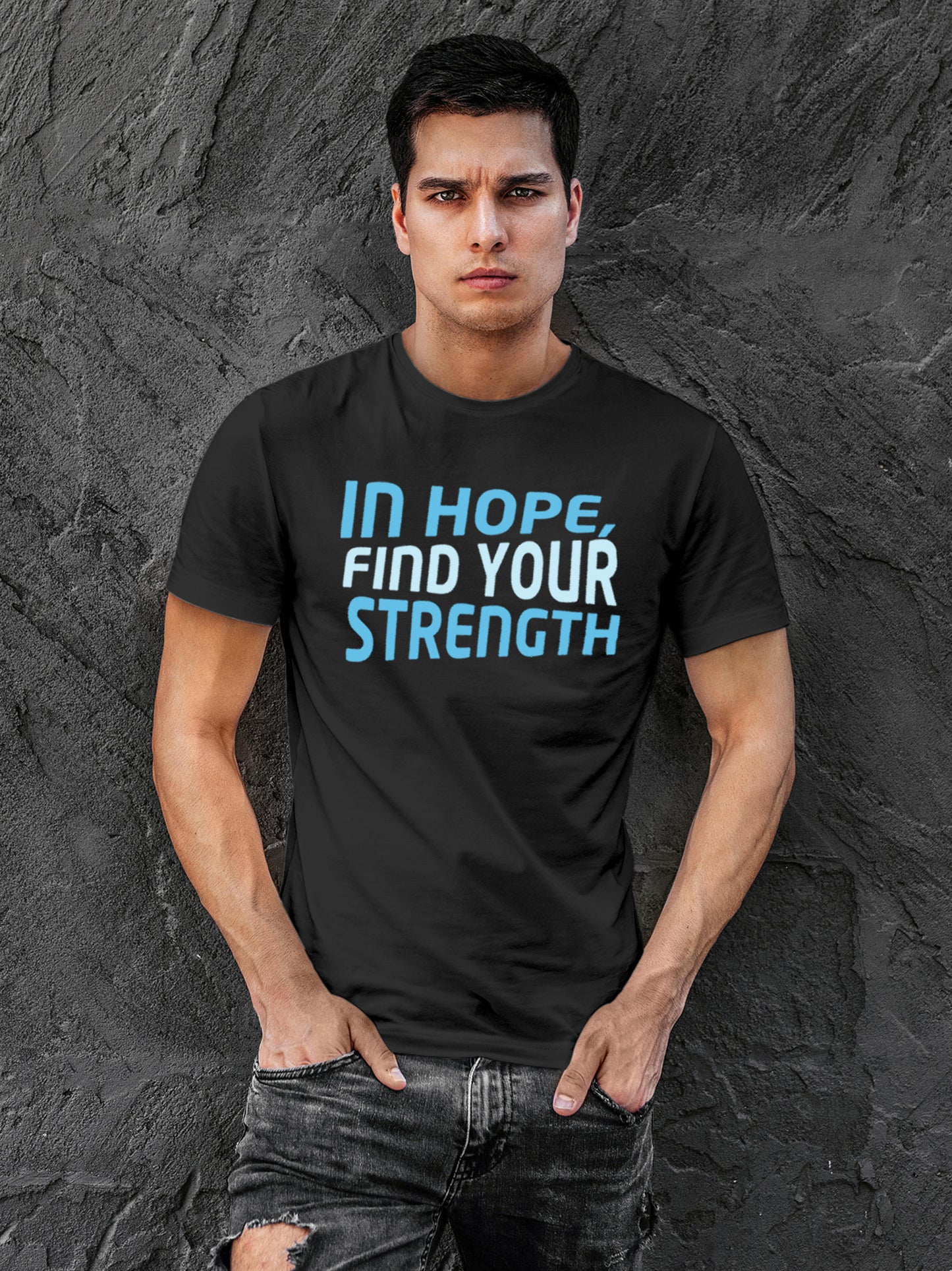 Model wearing Men's Dark Grey Round Neck T-shirt with 'In Hope, Find Your Strength' design, offering effortless style and premium comfort