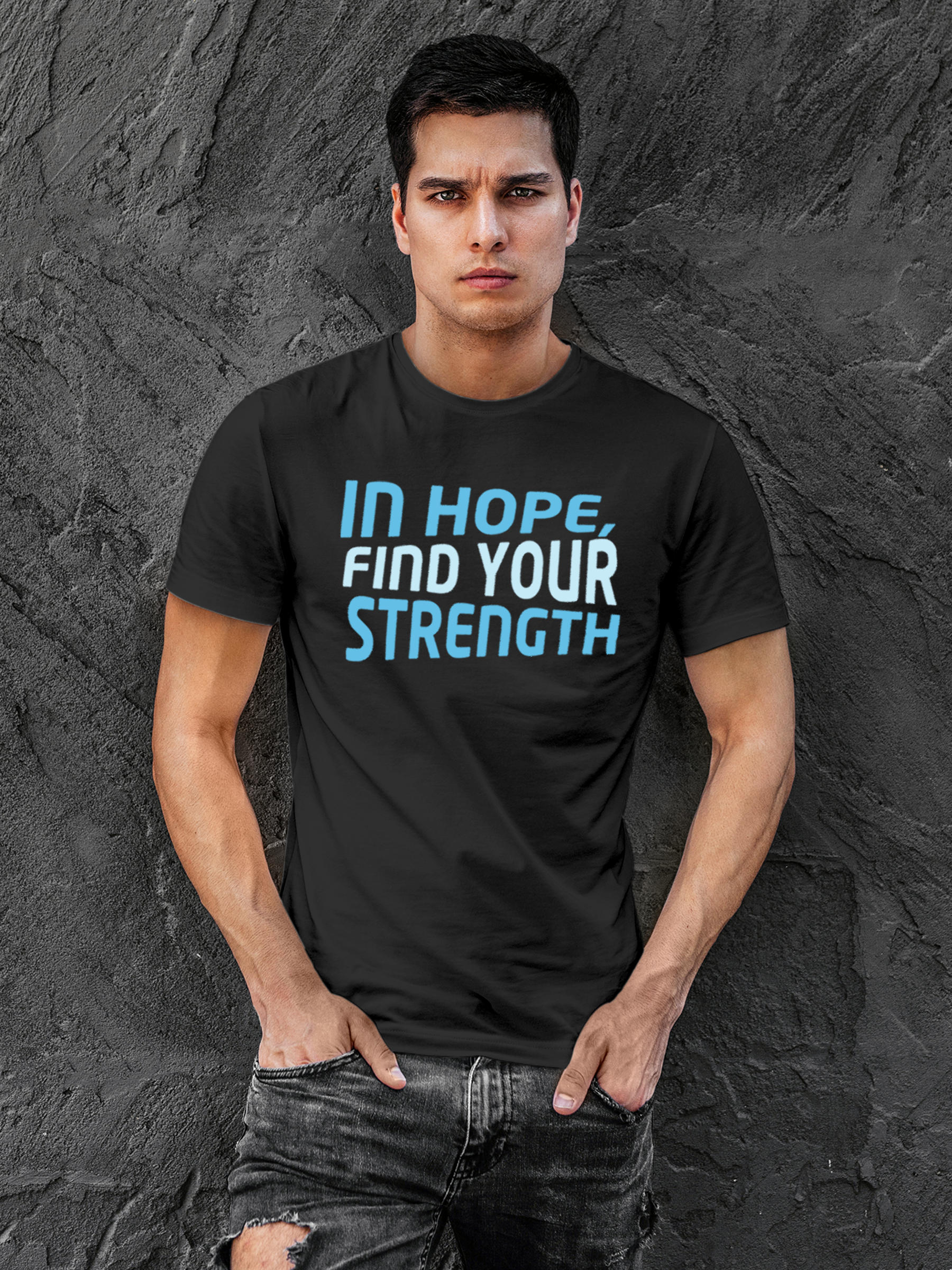 Model wearing Men's Dark Grey Round Neck T-shirt with 'In Hope, Find Your Strength' design, offering effortless style and premium comfort