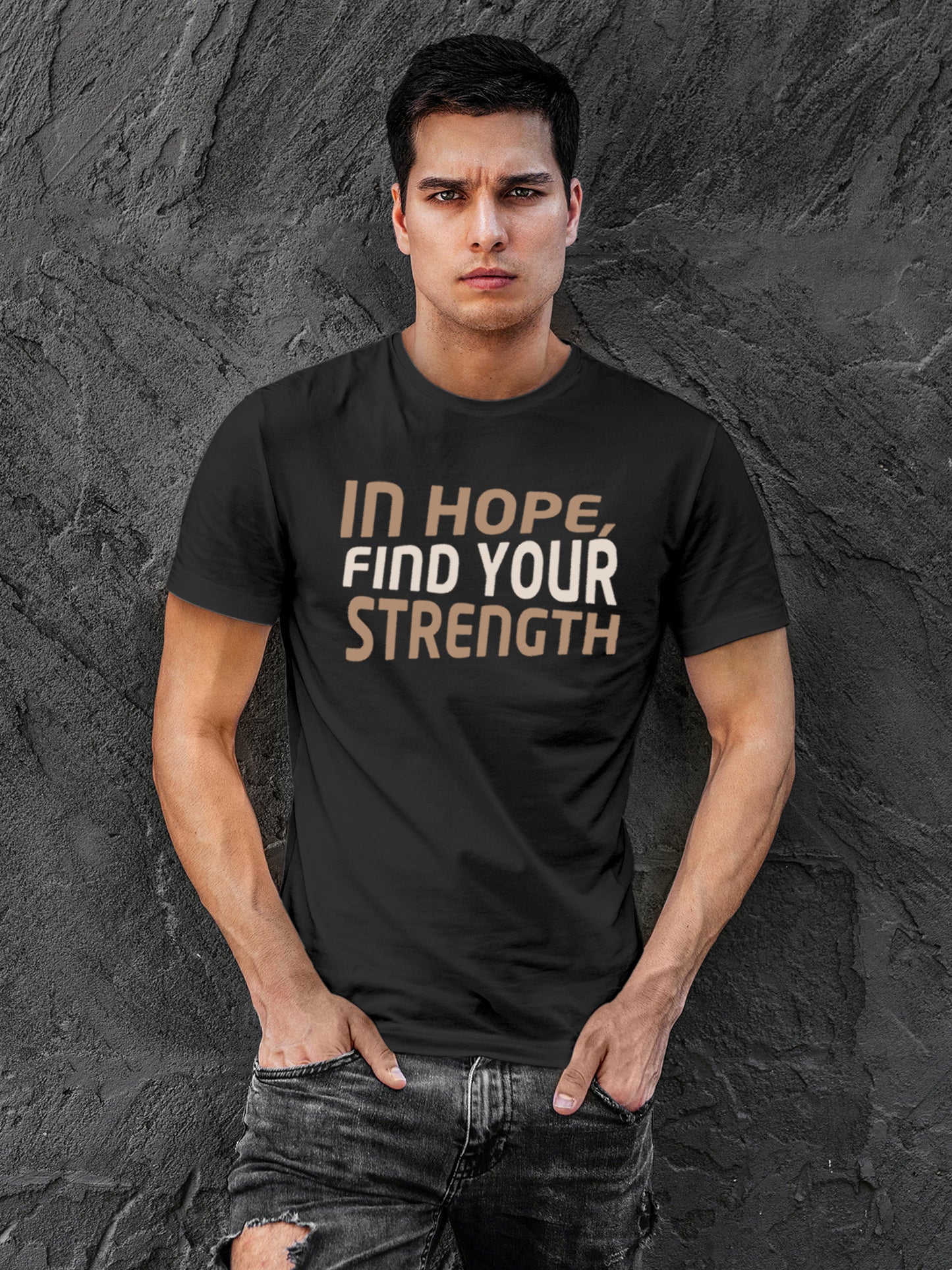 Model wearing Men's Dark Grey Round Neck T-shirt with 'In Hope, Find Your Strength' design, offering effortless style and premium comfort