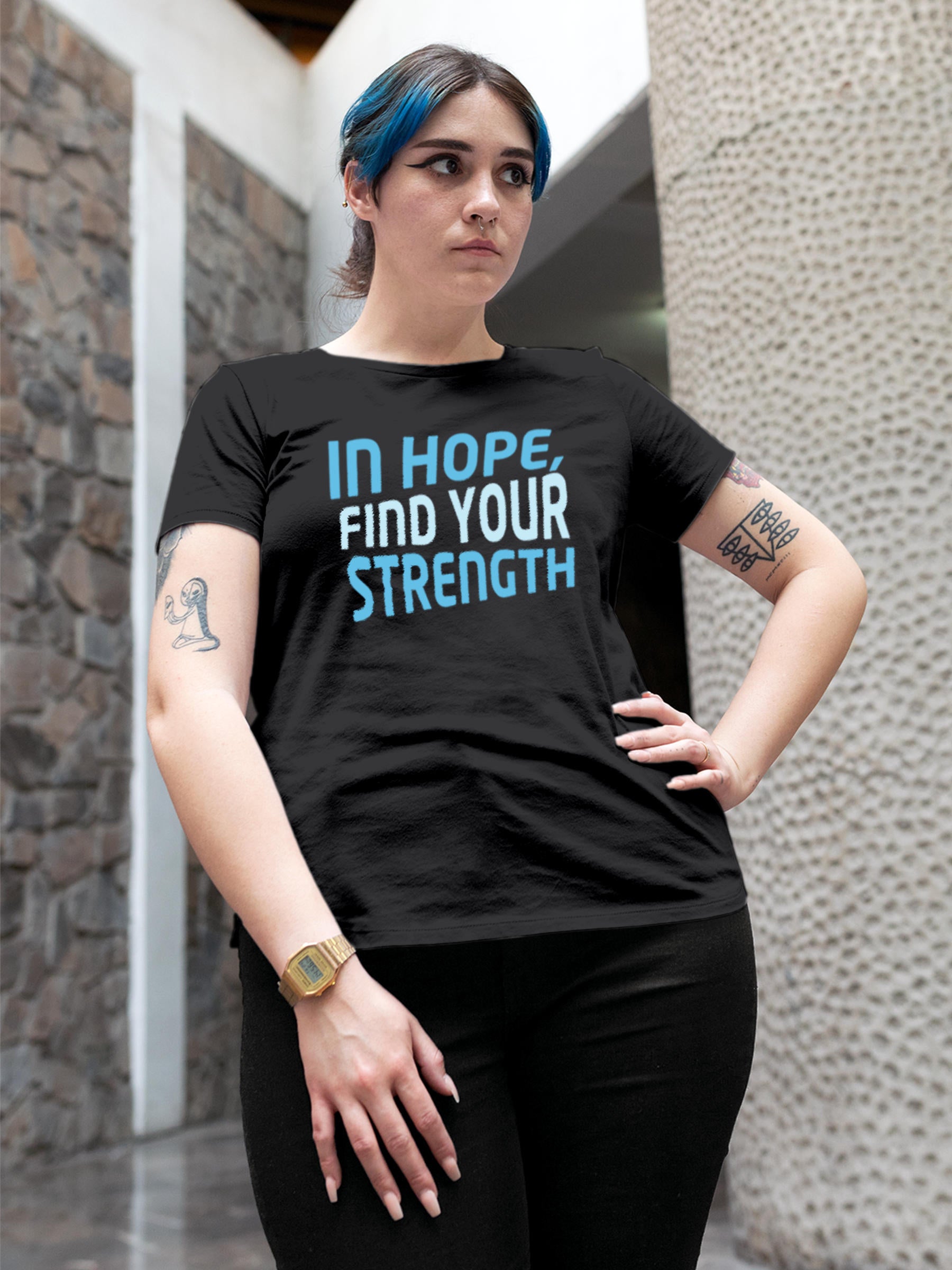 Model wearing Women's Dark Grey Round Neck T-shirt with 'In Hope, Find Your Strength' design, offering effortless style and premium comfort