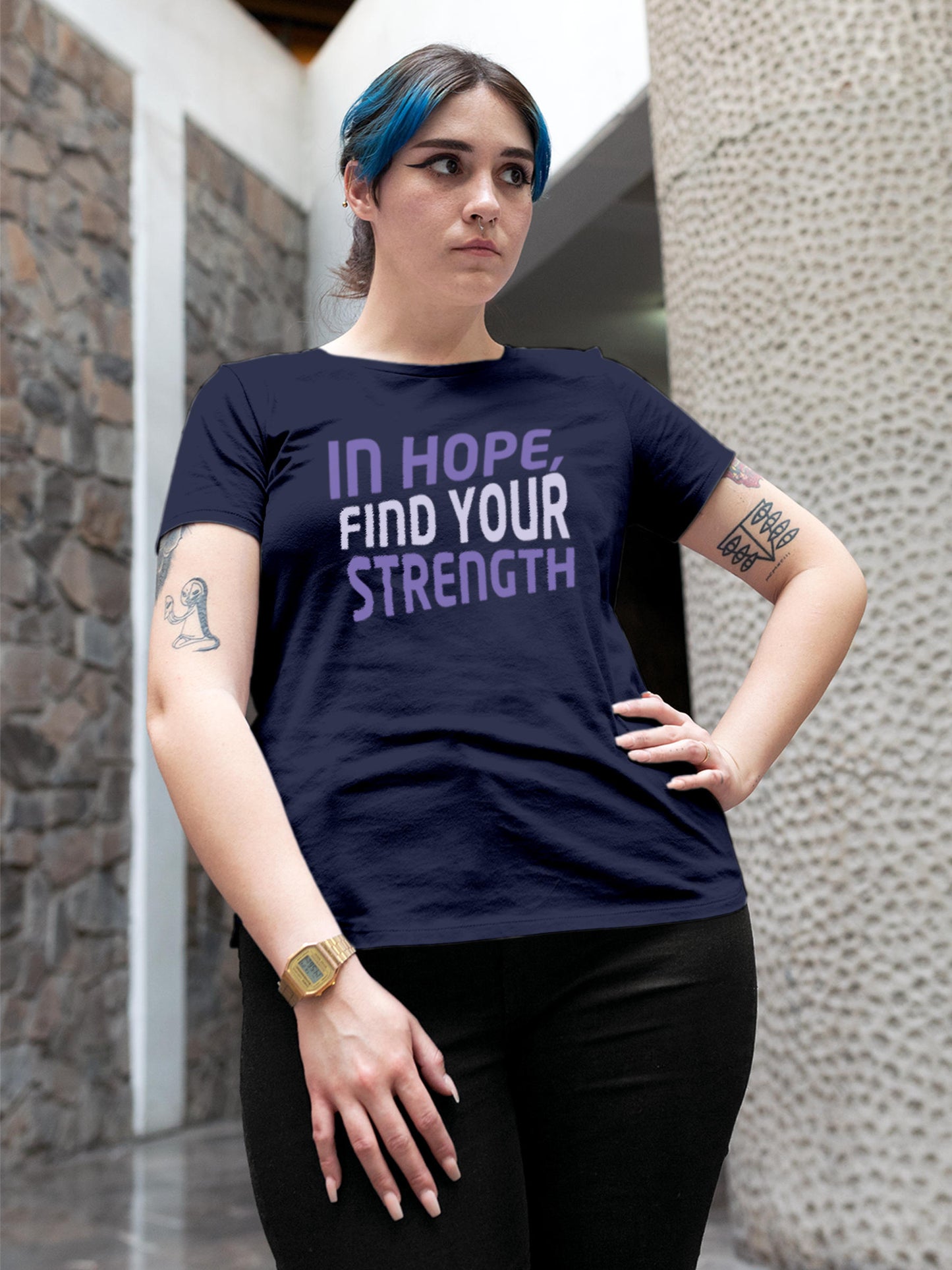 Model wearing Women's Navy Blue Round Neck T-shirt with 'In Hope, Find Your Strength' design, offering effortless style and premium comfort