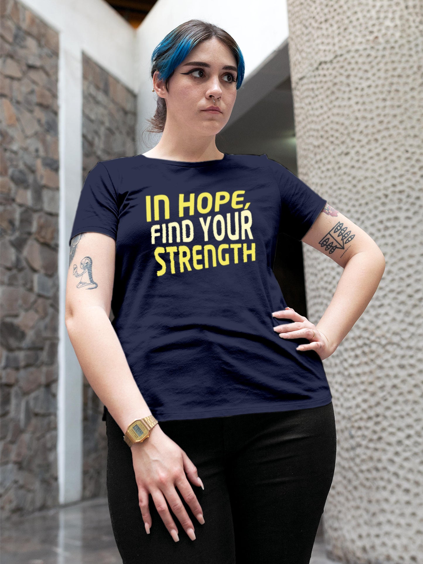 Model wearing Women's Navy Blue Round Neck T-shirt with 'In Hope, Find Your Strength' design, offering effortless style and premium comfort