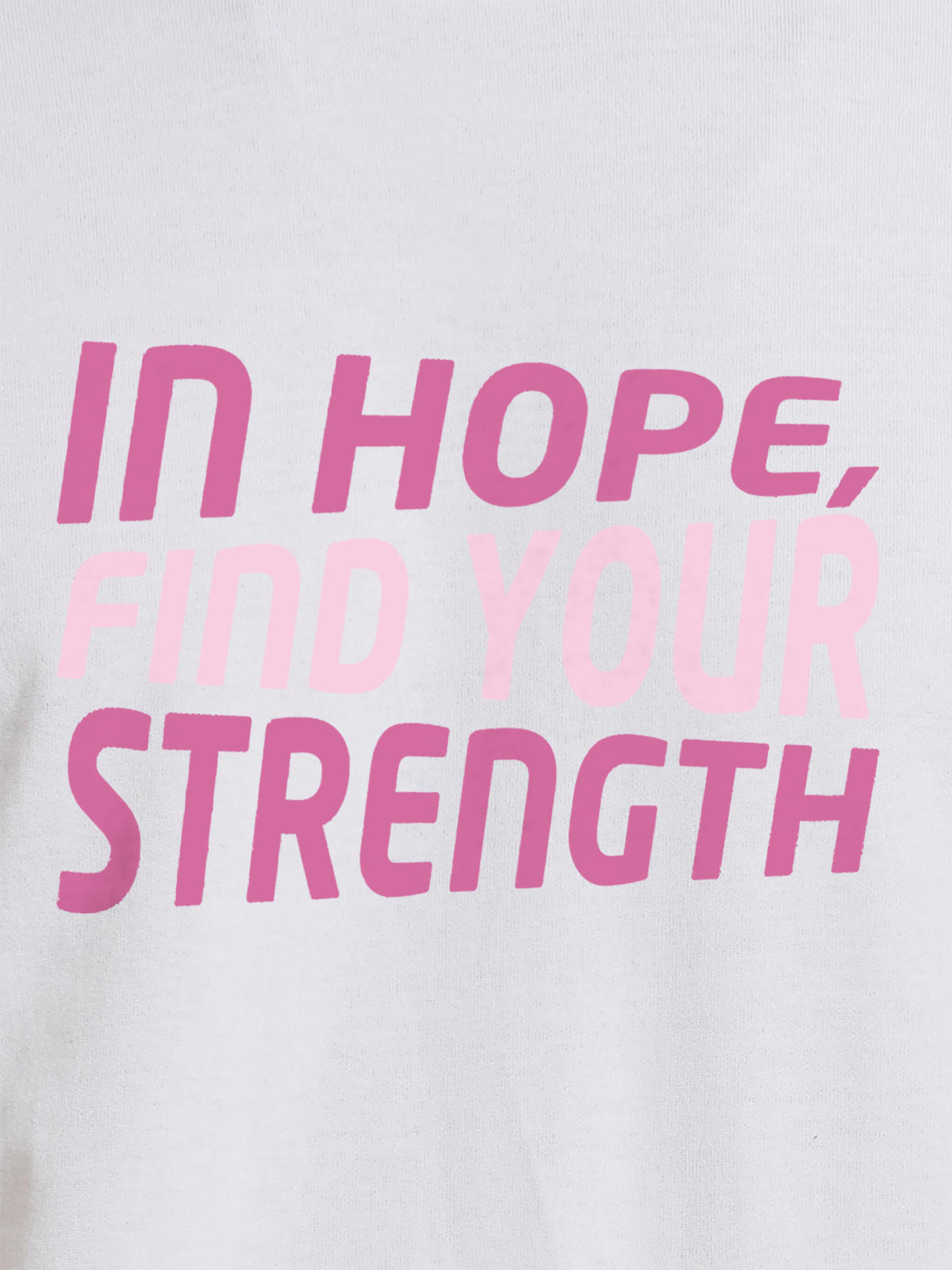 Close up of 'In Hope, Find Your Strength' design on Men's White Round Neck T-shirt, highlighting intricate details and vibrant print.