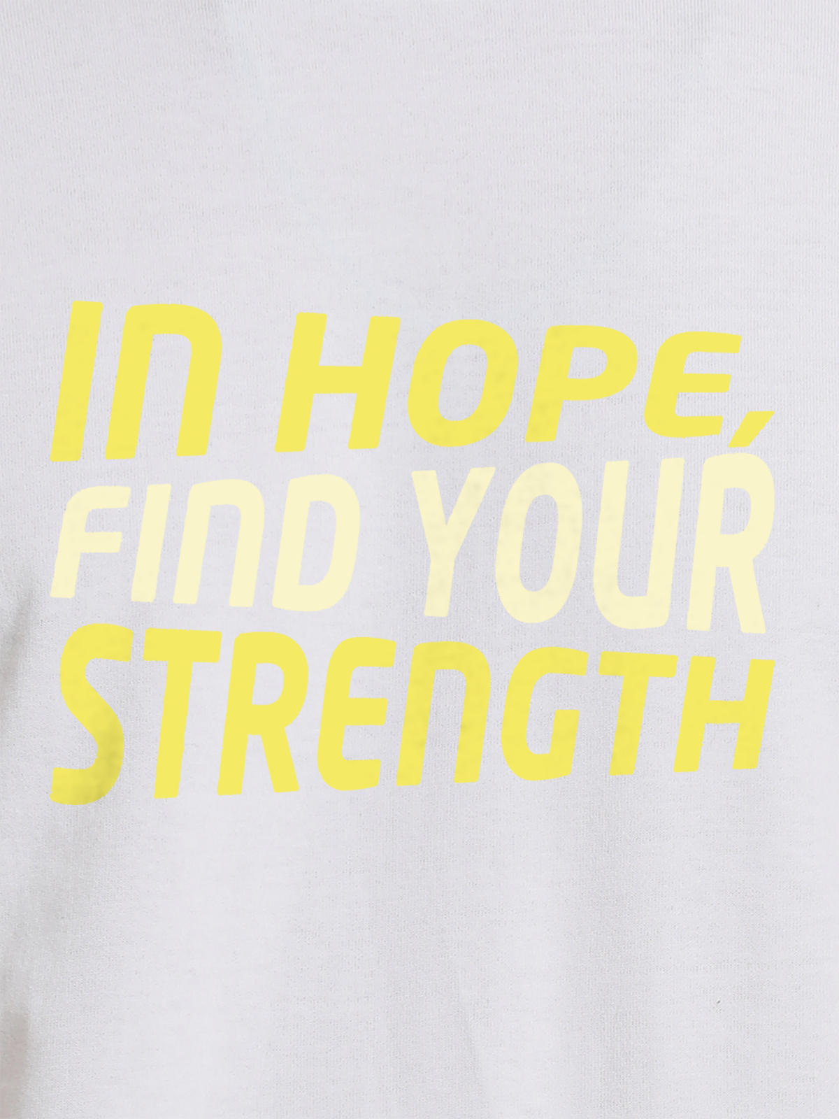 Close up of 'In Hope, Find Your Strength' design on Men's White Round Neck T-shirt, highlighting intricate details and vibrant print.
