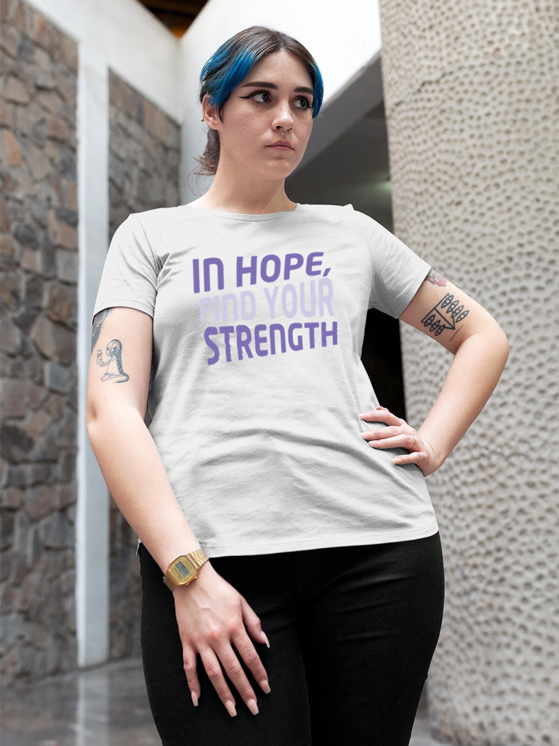 Model wearing Women's White Round Neck T-shirt with 'In Hope, Find Your Strength' design, offering effortless style and premium comfort