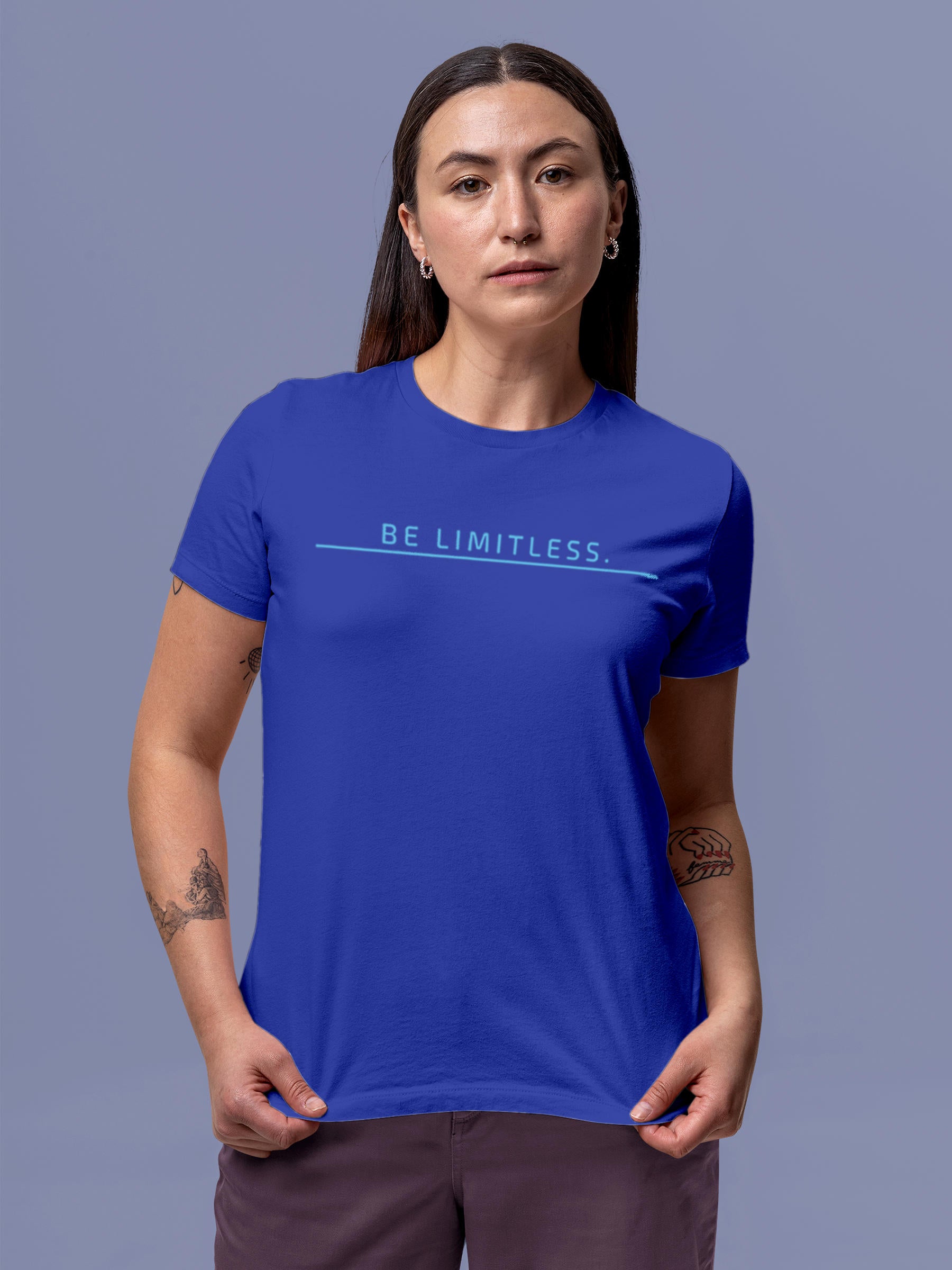 Model wearing Women's Blue Round Neck T-shirt with 'Be Limitless' design, offering effortless style and premium comfort