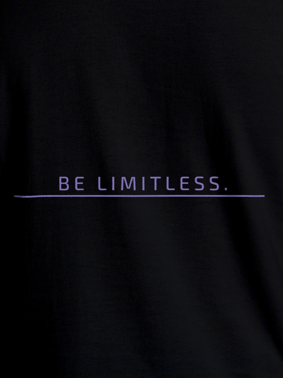 Close up of 'Be Limitless' design on Men's Black Round Neck T-shirt, highlighting intricate details and vibrant print.