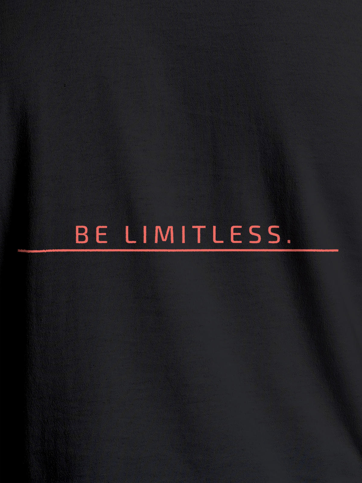 Close up of 'Be Limitless' design on Men's Dark Grey Round Neck T-shirt, highlighting intricate details and vibrant print.