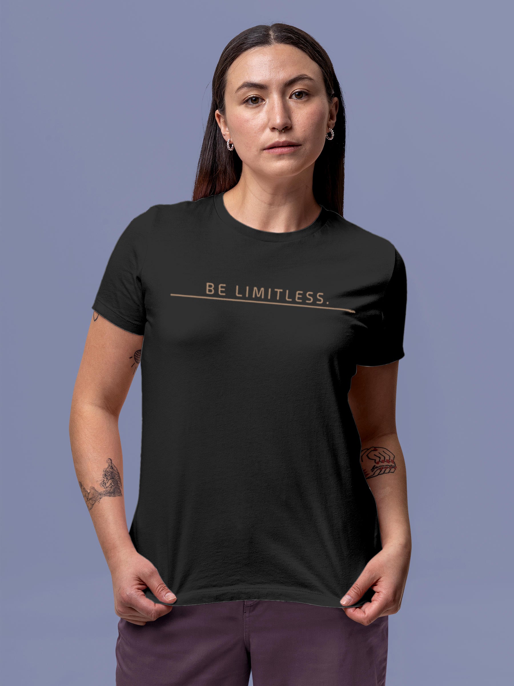 Model wearing Women's Dark Grey Round Neck T-shirt with 'Be Limitless' design, offering effortless style and premium comfort