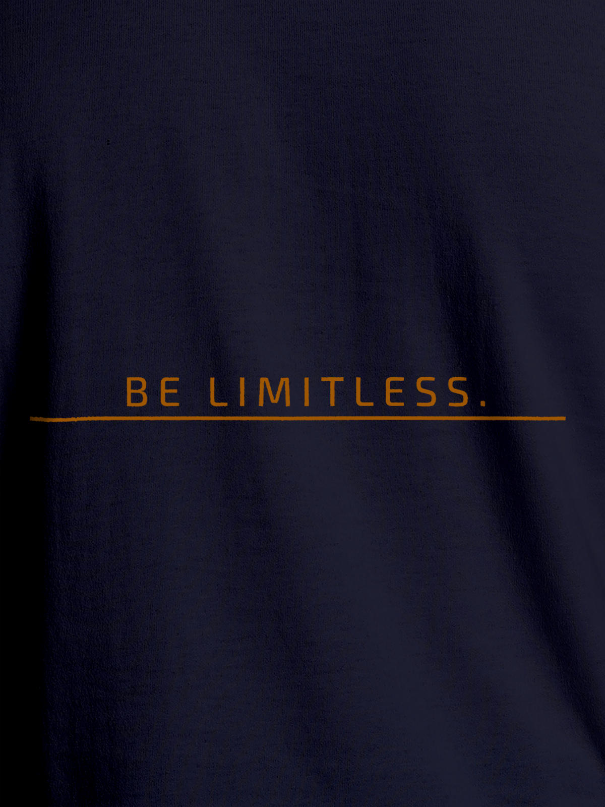 Close up of 'Be Limitless' design on Men's Navy Blue Round Neck T-shirt, highlighting intricate details and vibrant print.