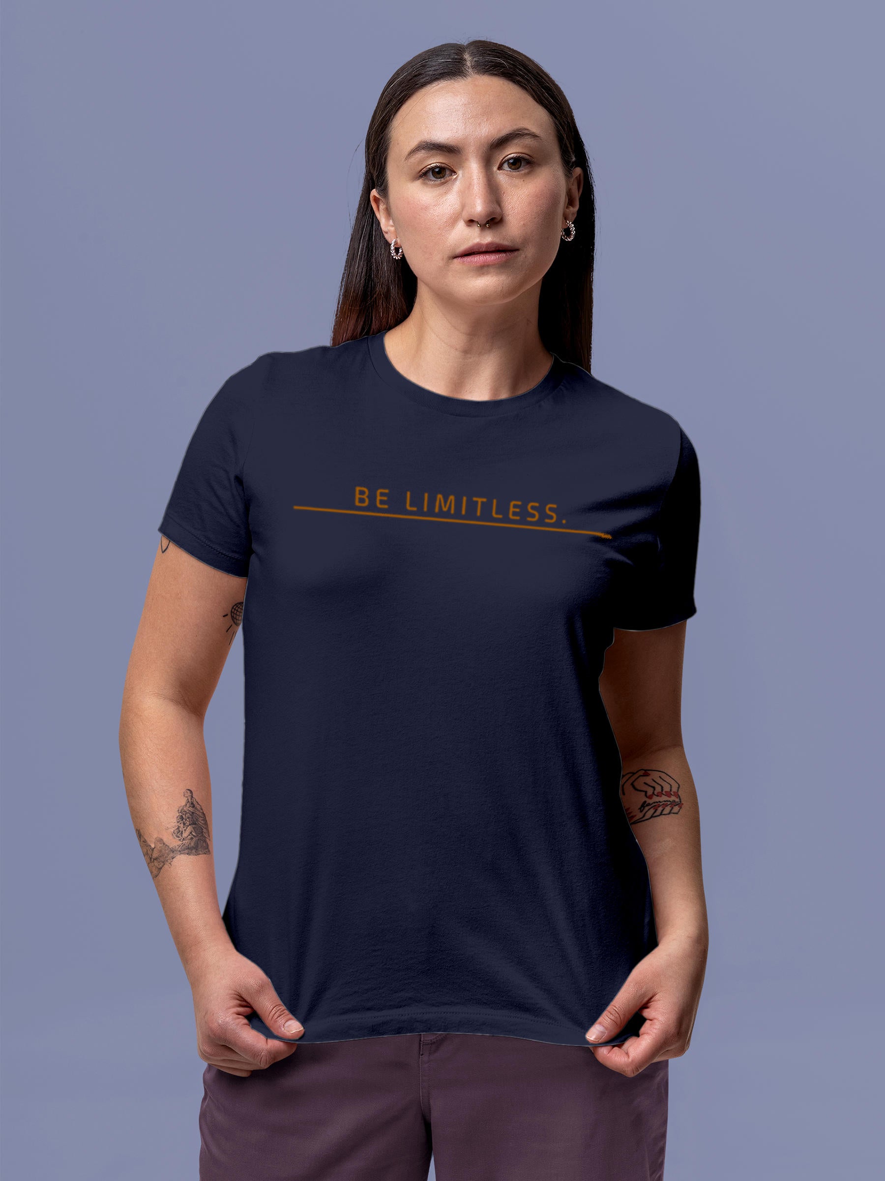 Model wearing Women's Navy Blue Round Neck T-shirt with 'Be Limitless' design, offering effortless style and premium comfort