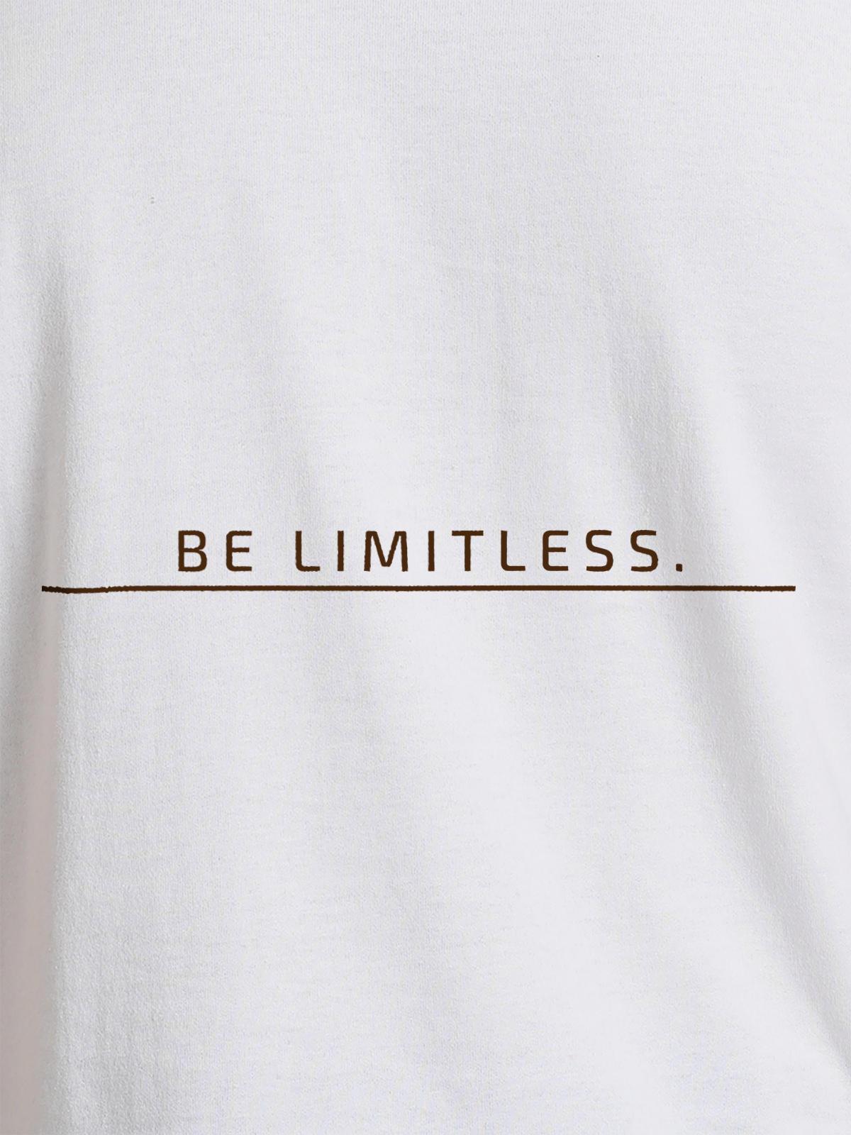 Close up of 'Be Limitless' design on Men's White Round Neck T-shirt, highlighting intricate details and vibrant print.