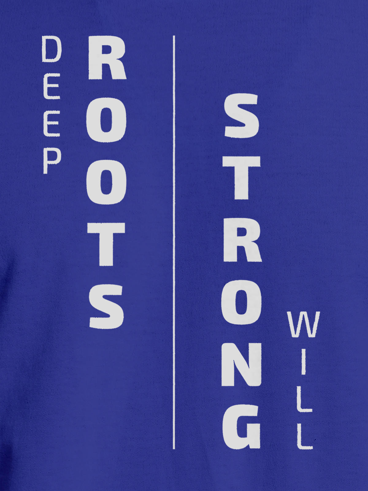 Close up of 'Deep Roots Strong Will' design on Men's Blue Round Neck T-shirt, highlighting intricate details and vibrant print.