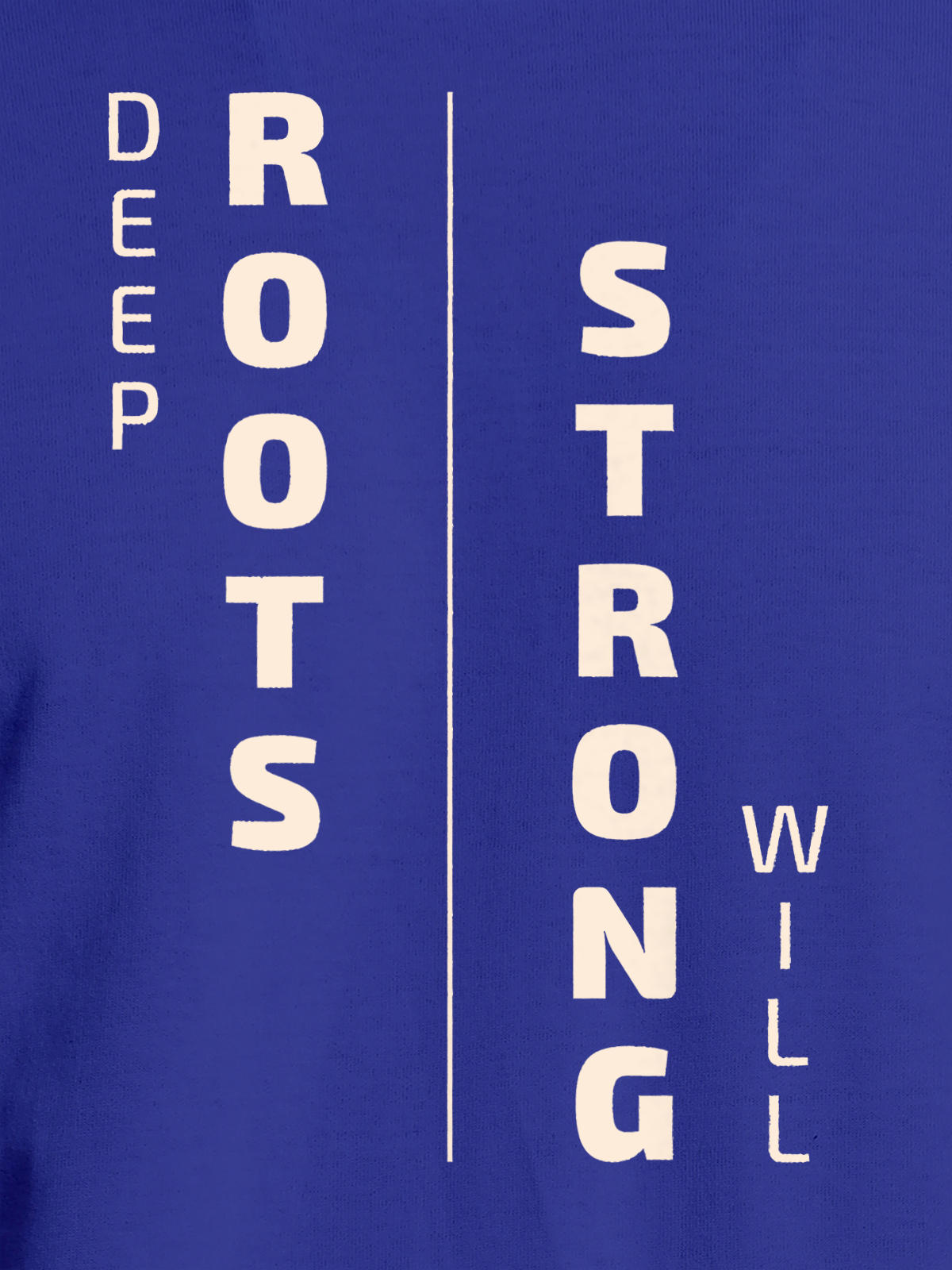 Close up of 'Deep Roots Strong Will' design on Men's Blue Round Neck T-shirt, highlighting intricate details and vibrant print.