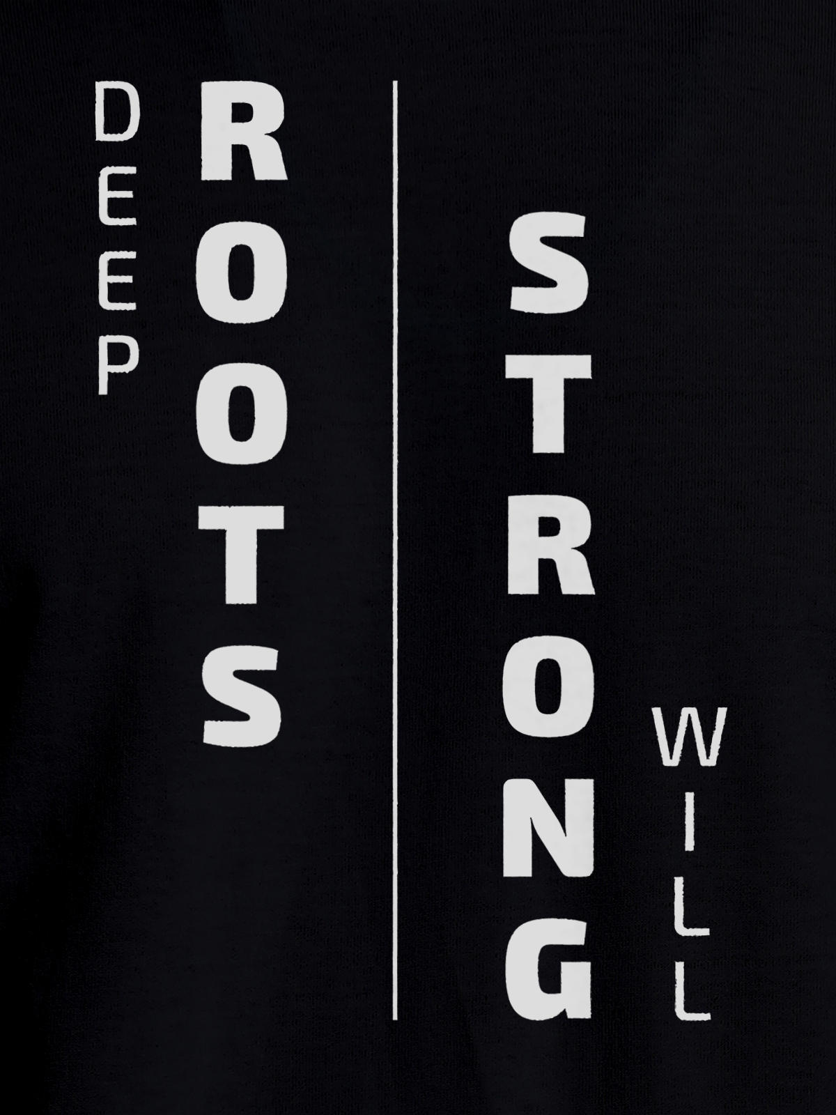 Close up of 'Deep Roots Strong Will' design on Men's Black Round Neck T-shirt, highlighting intricate details and vibrant print.
