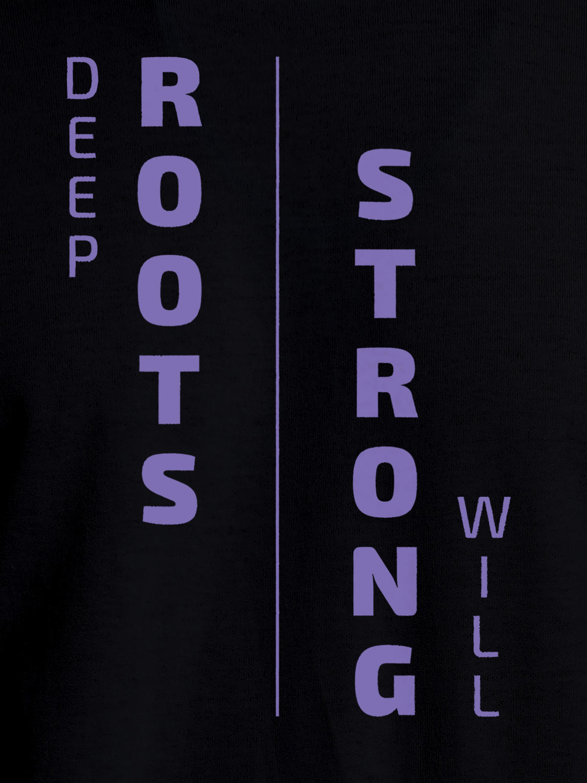 Close up of 'Deep Roots Strong Will' design on Men's Black Round Neck T-shirt, highlighting intricate details and vibrant print.