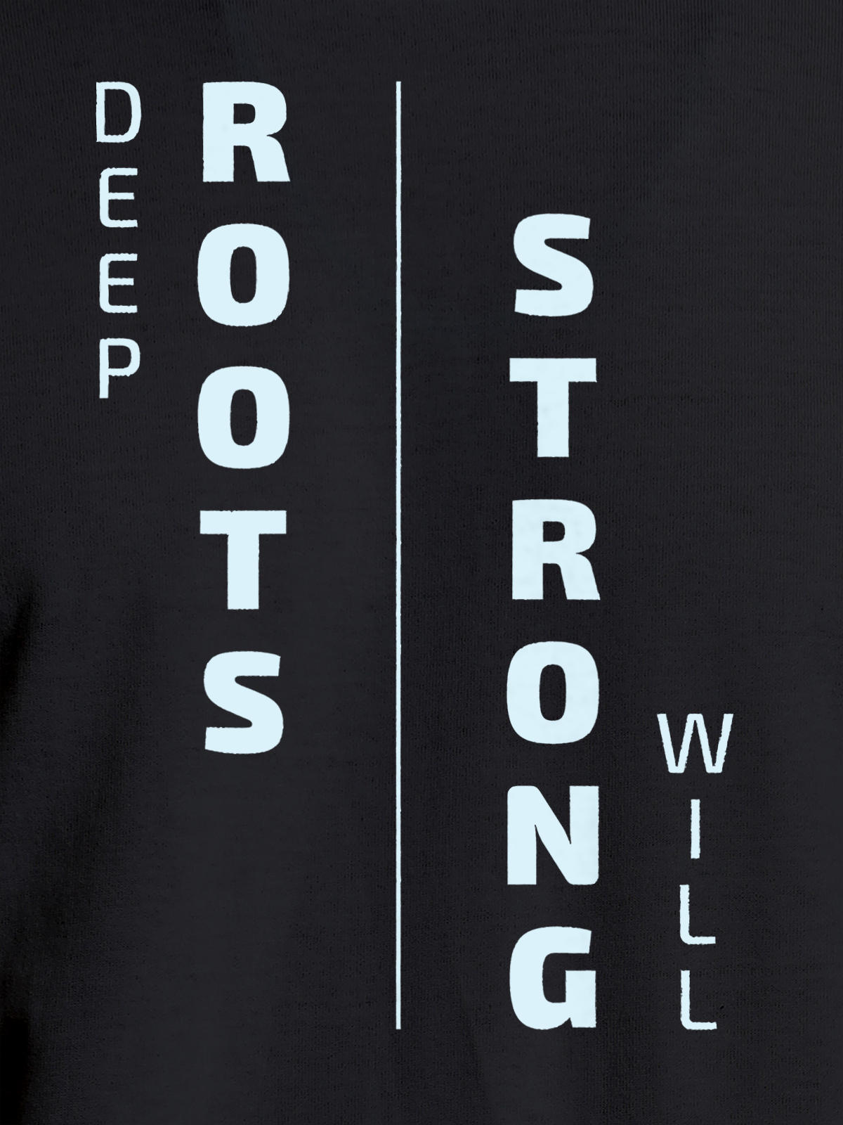 Close up of 'Deep Roots Strong Will' design on Men's Dark Grey Round Neck T-shirt, highlighting intricate details and vibrant print.