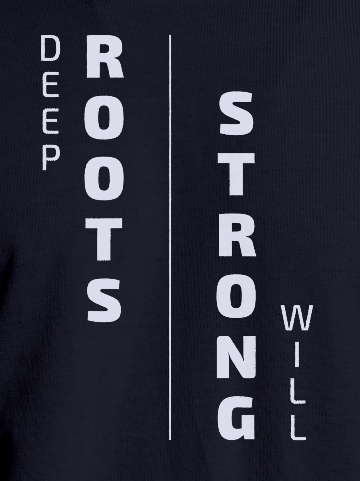 Close up of 'Deep Roots Strong Will' design on Men's Navy Blue Round Neck T-shirt, highlighting intricate details and vibrant print.