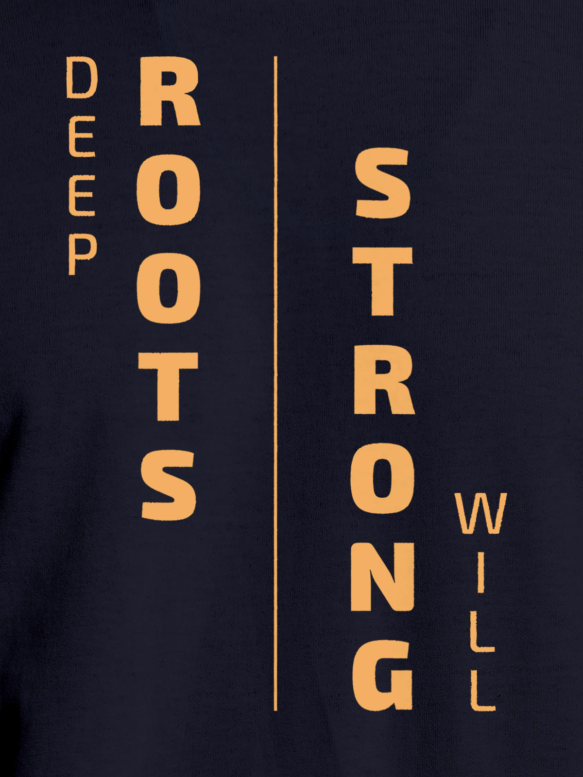 Close up of 'Deep Roots Strong Will' design on Men's Navy Blue Round Neck T-shirt, highlighting intricate details and vibrant print.