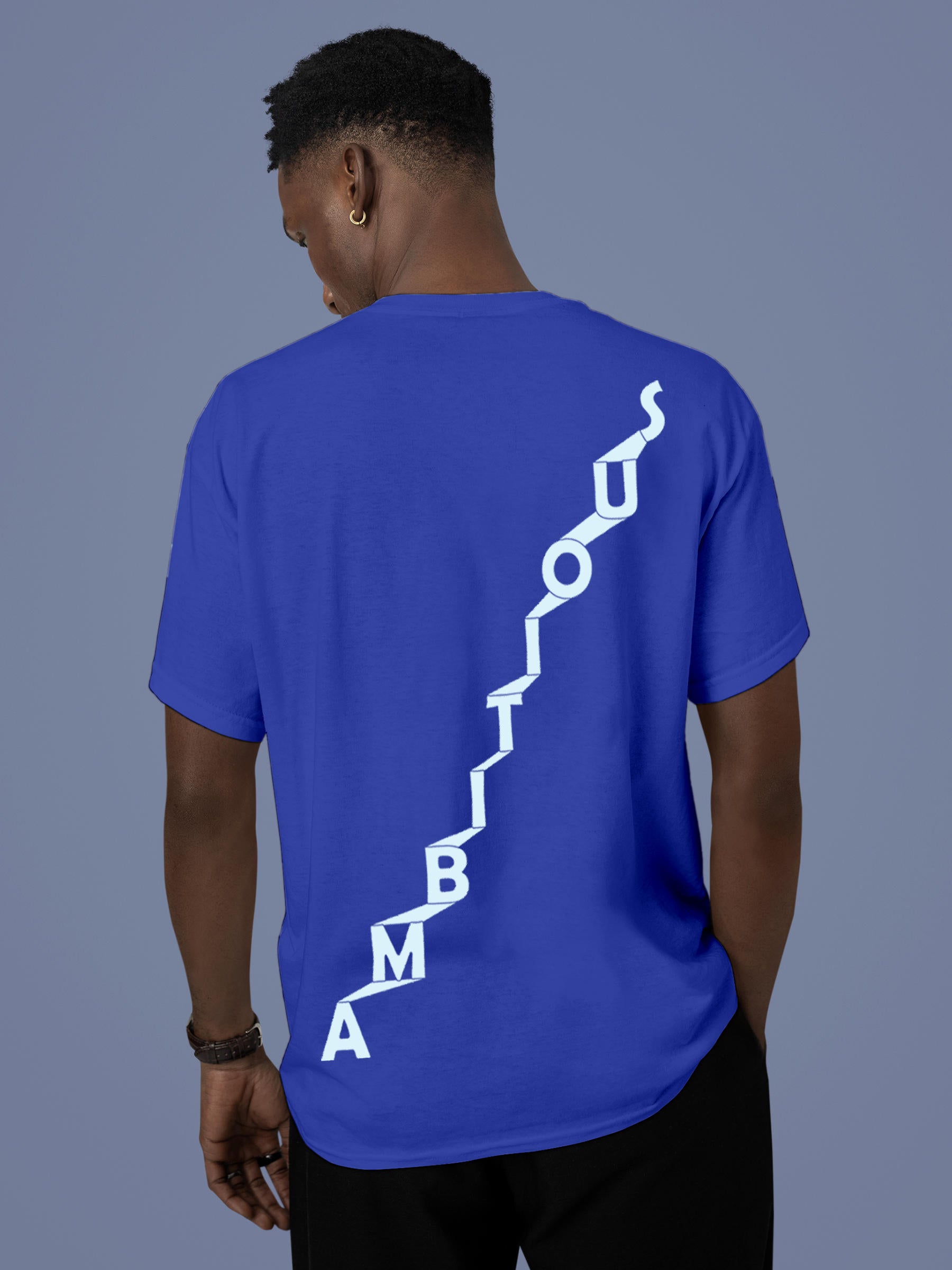 Model wearing Men's Blue Round Neck T-shirt with 'Ambitious' design, offering effortless style and premium comfort