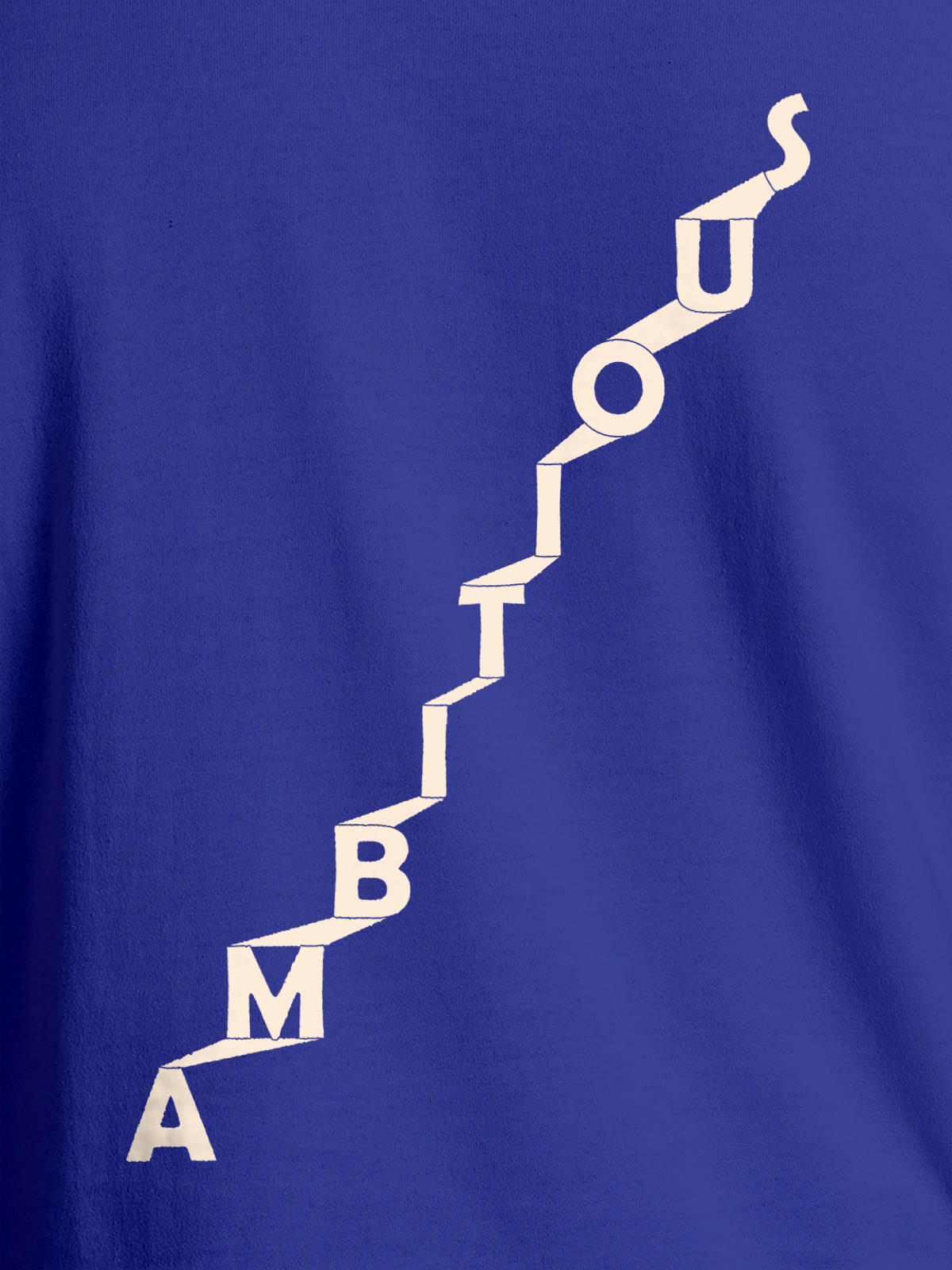 Close up of 'Ambitious' design on Men's Blue Round Neck T-shirt, highlighting intricate details and vibrant print.