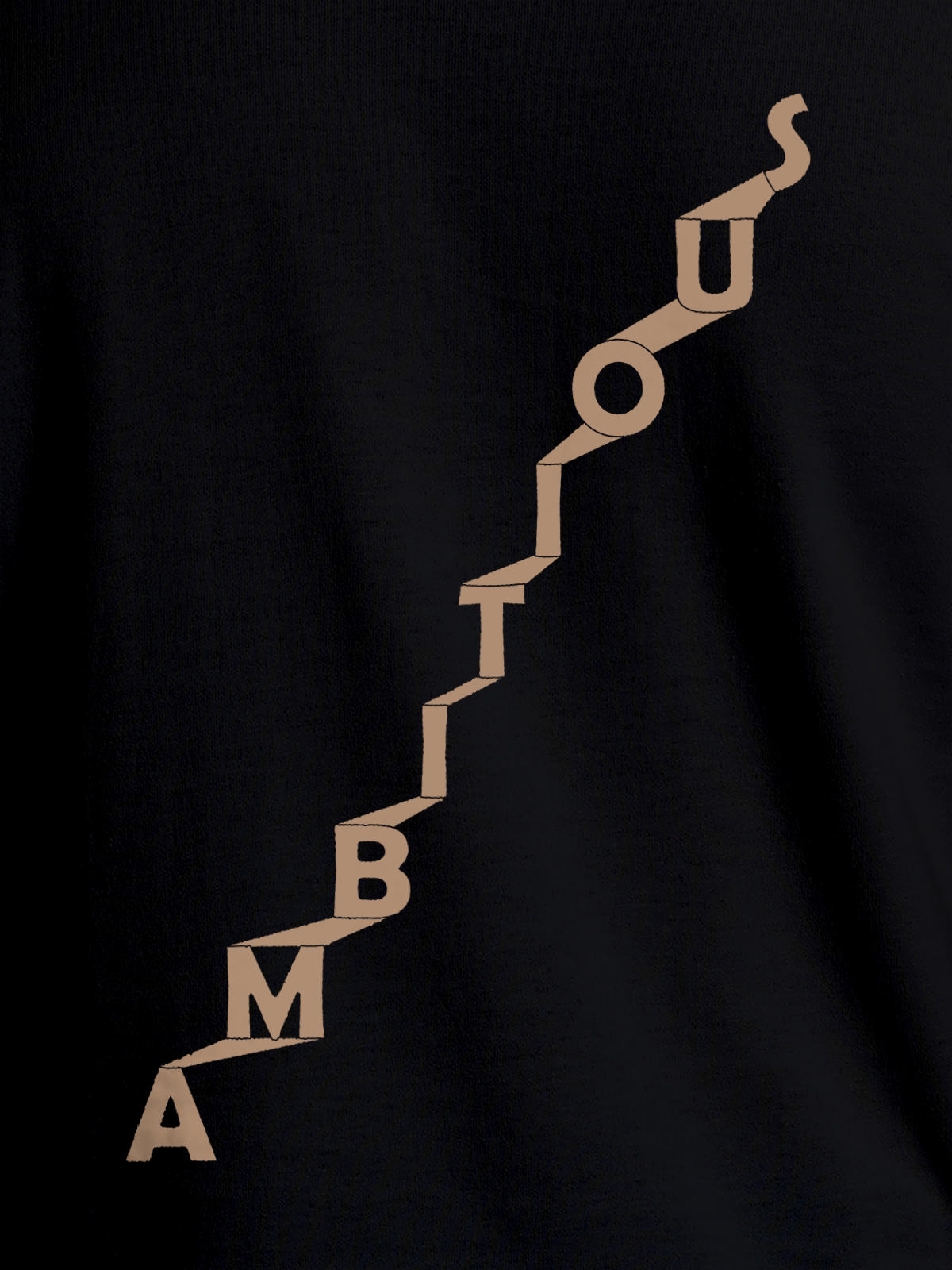 Close up of 'Ambitious' design on Men's Black Round Neck T-shirt, highlighting intricate details and vibrant print.