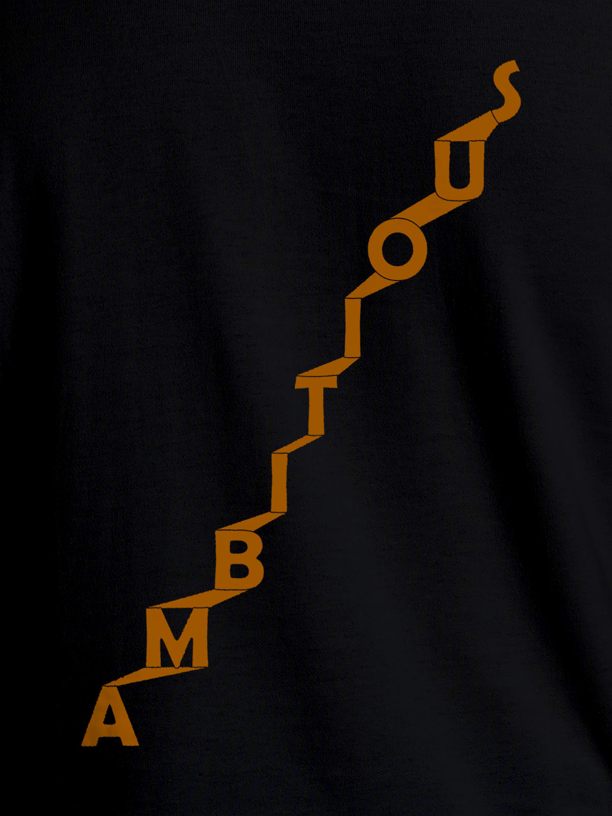 Close up of 'Ambitious' design on Men's Black Round Neck T-shirt, highlighting intricate details and vibrant print.