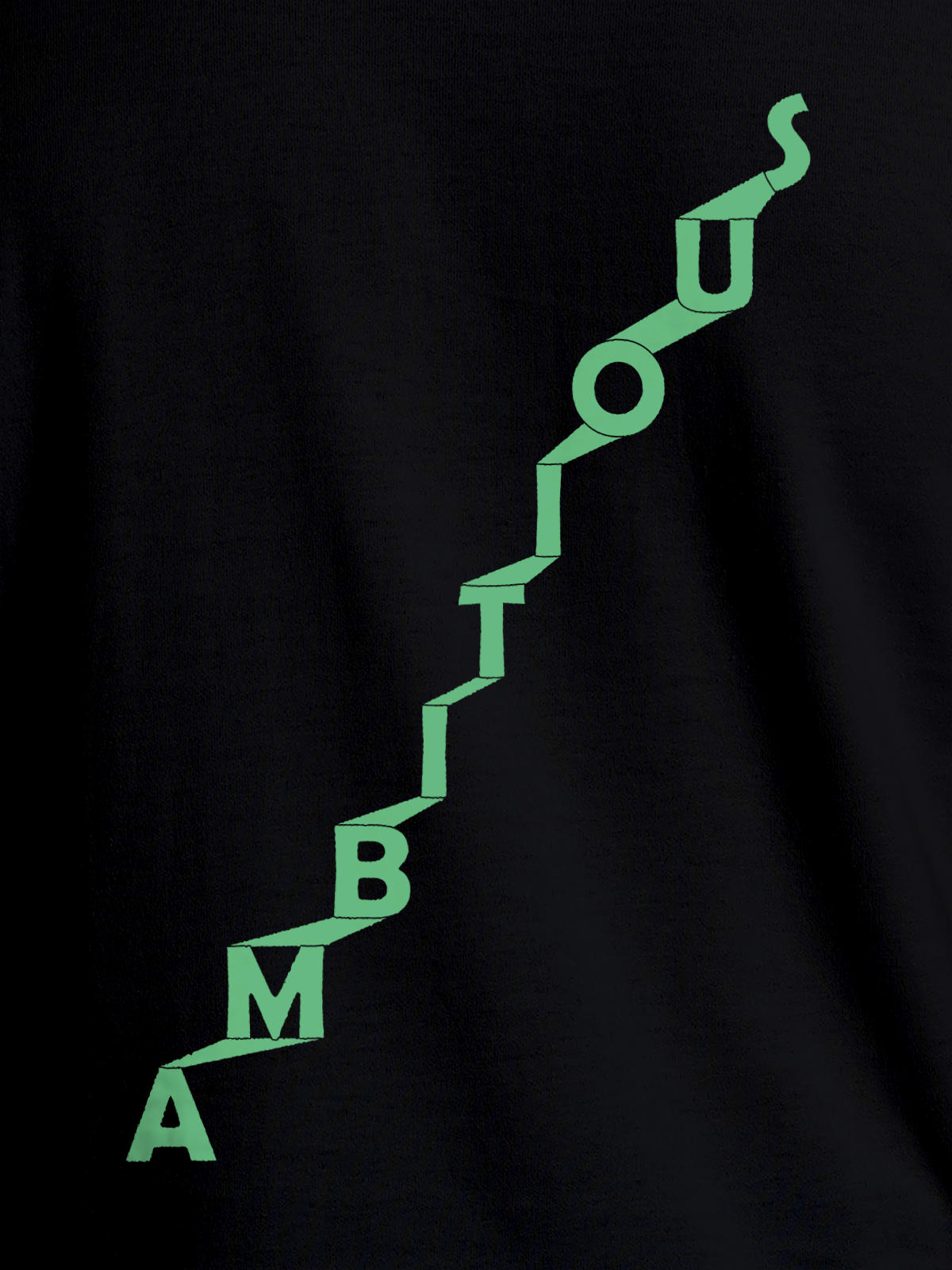 Close up of 'Ambitious' design on Men's Black Round Neck T-shirt, highlighting intricate details and vibrant print.