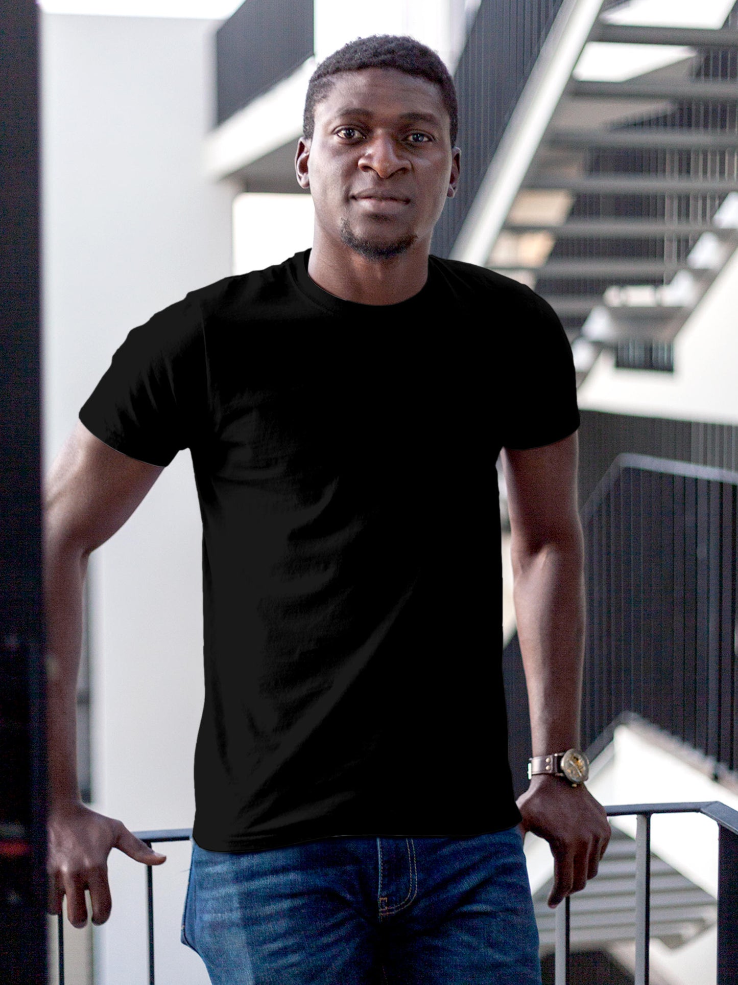 Front view of Fighterhero Men's Black Round Neck T-shirt, highlighting the modern look and clean finish