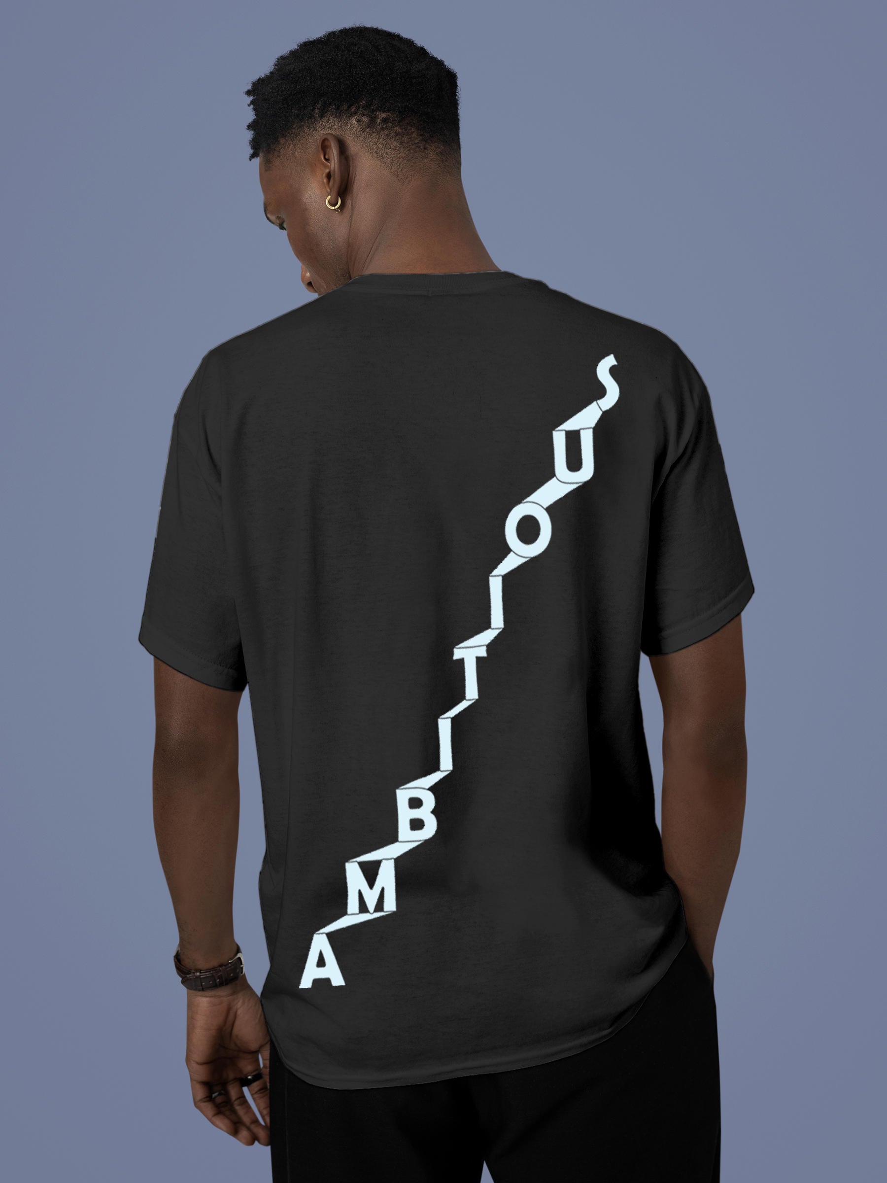Model wearing Men's Dark Grey Round Neck T-shirt with 'Ambitious' design, offering effortless style and premium comfort