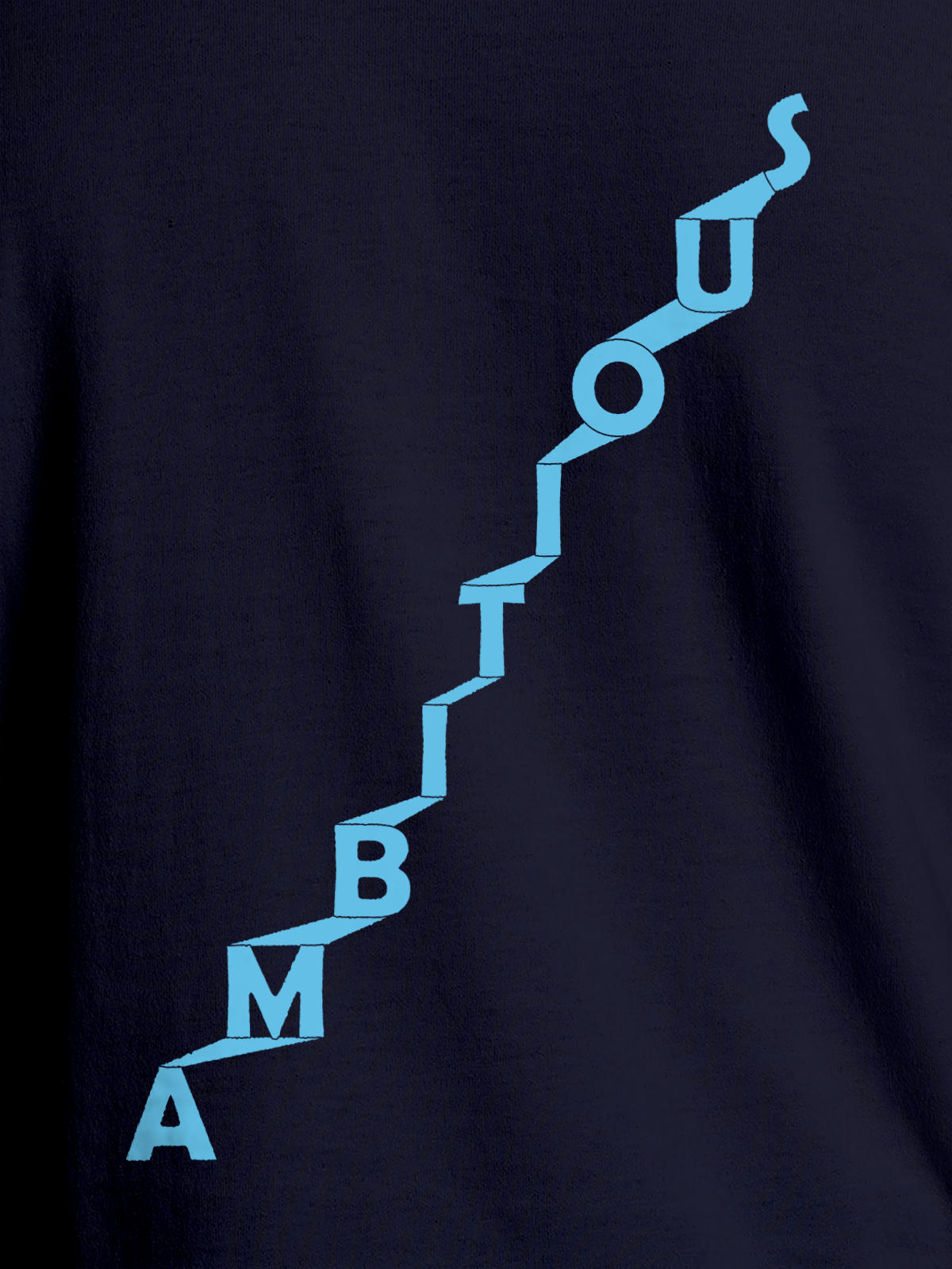 Close up of 'Ambitious' design on Men's Navy Blue Round Neck T-shirt, highlighting intricate details and vibrant print.