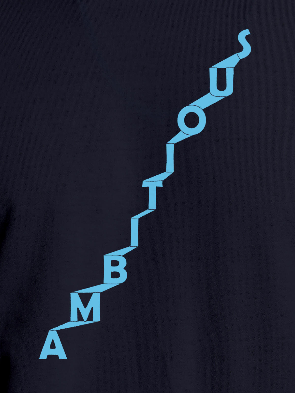 Close up of 'Ambitious' design on Women's Navy Blue Round Neck T-shirt, highlighting intricate details and vibrant print.