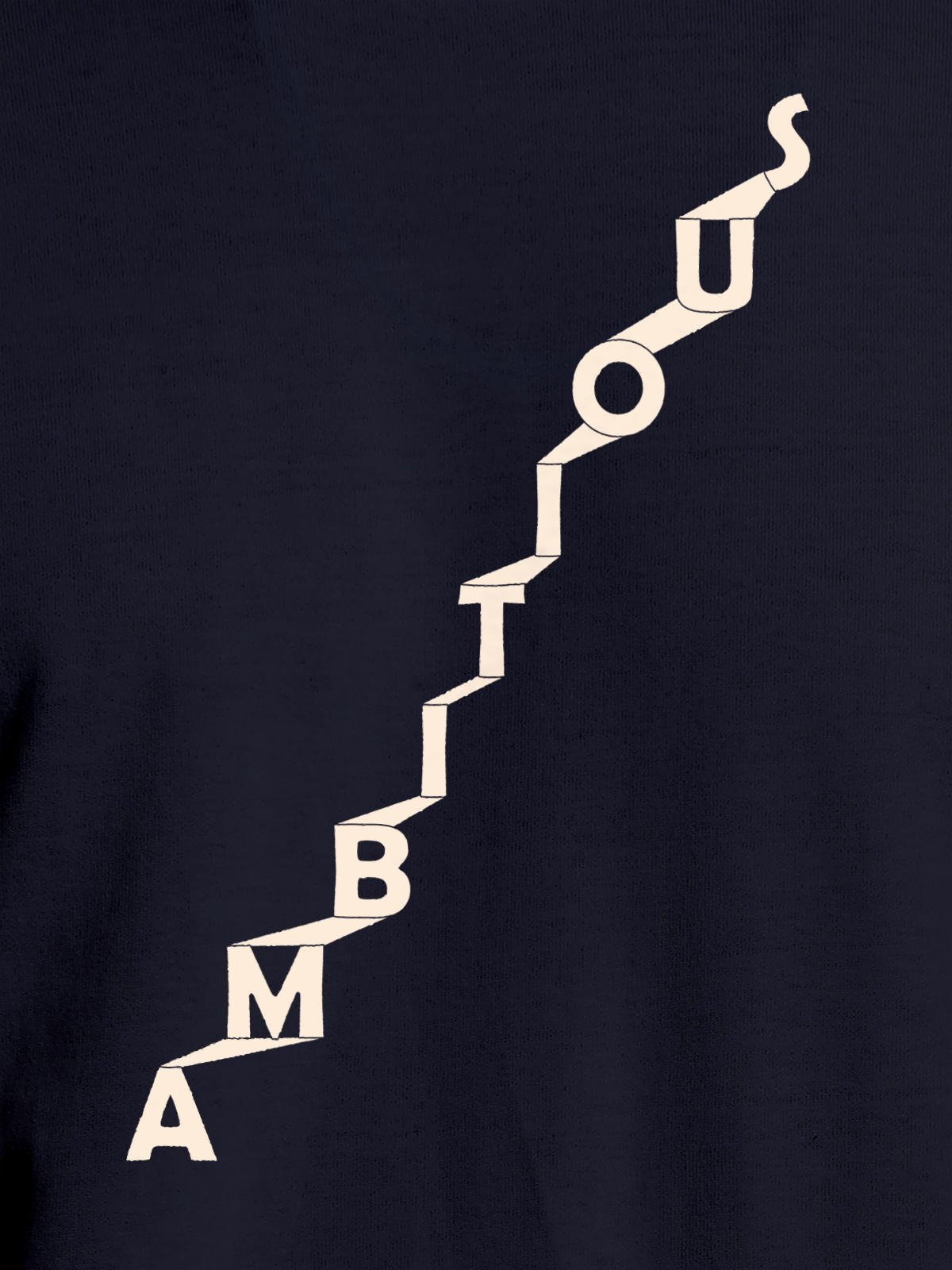 Close up of 'Ambitious' design on Women's Navy Blue Round Neck T-shirt, highlighting intricate details and vibrant print.