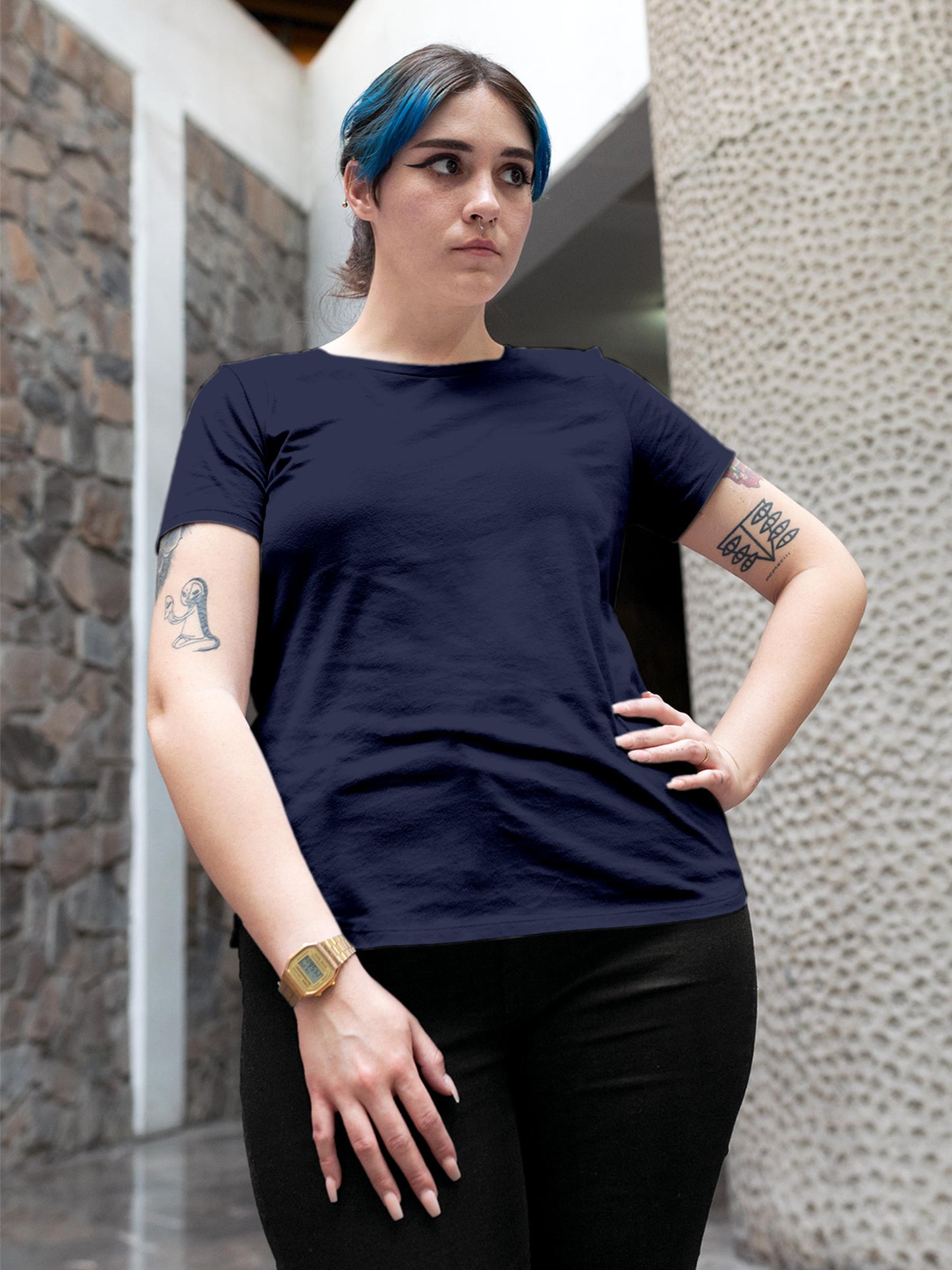 Front view of Fighterhero Women's Navy Blue Round Neck T-shirt, highlighting the modern look and clean finish