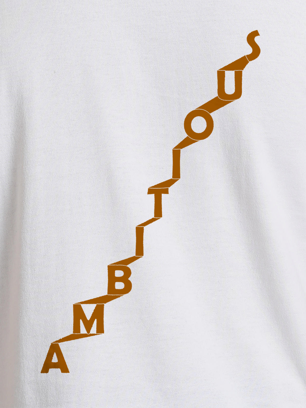 Close up of 'Ambitious' design on Men's White Round Neck T-shirt, highlighting intricate details and vibrant print.