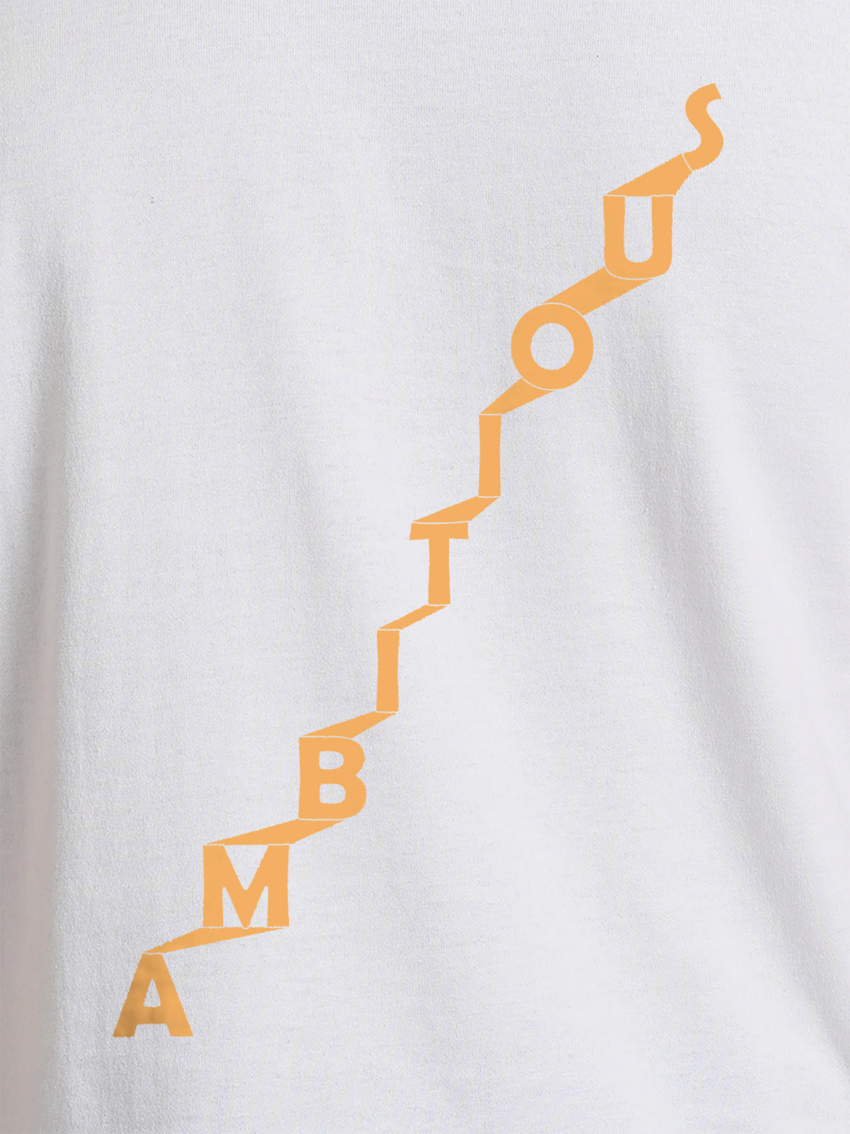 Close up of 'Ambitious' design on Men's White Round Neck T-shirt, highlighting intricate details and vibrant print.