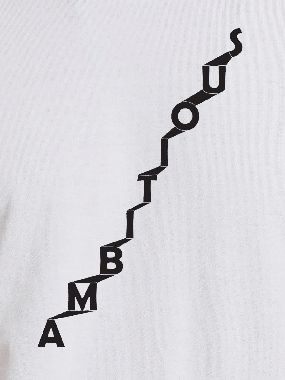 Close up of 'Ambitious' design on Women's White Round Neck T-shirt, highlighting intricate details and vibrant print.