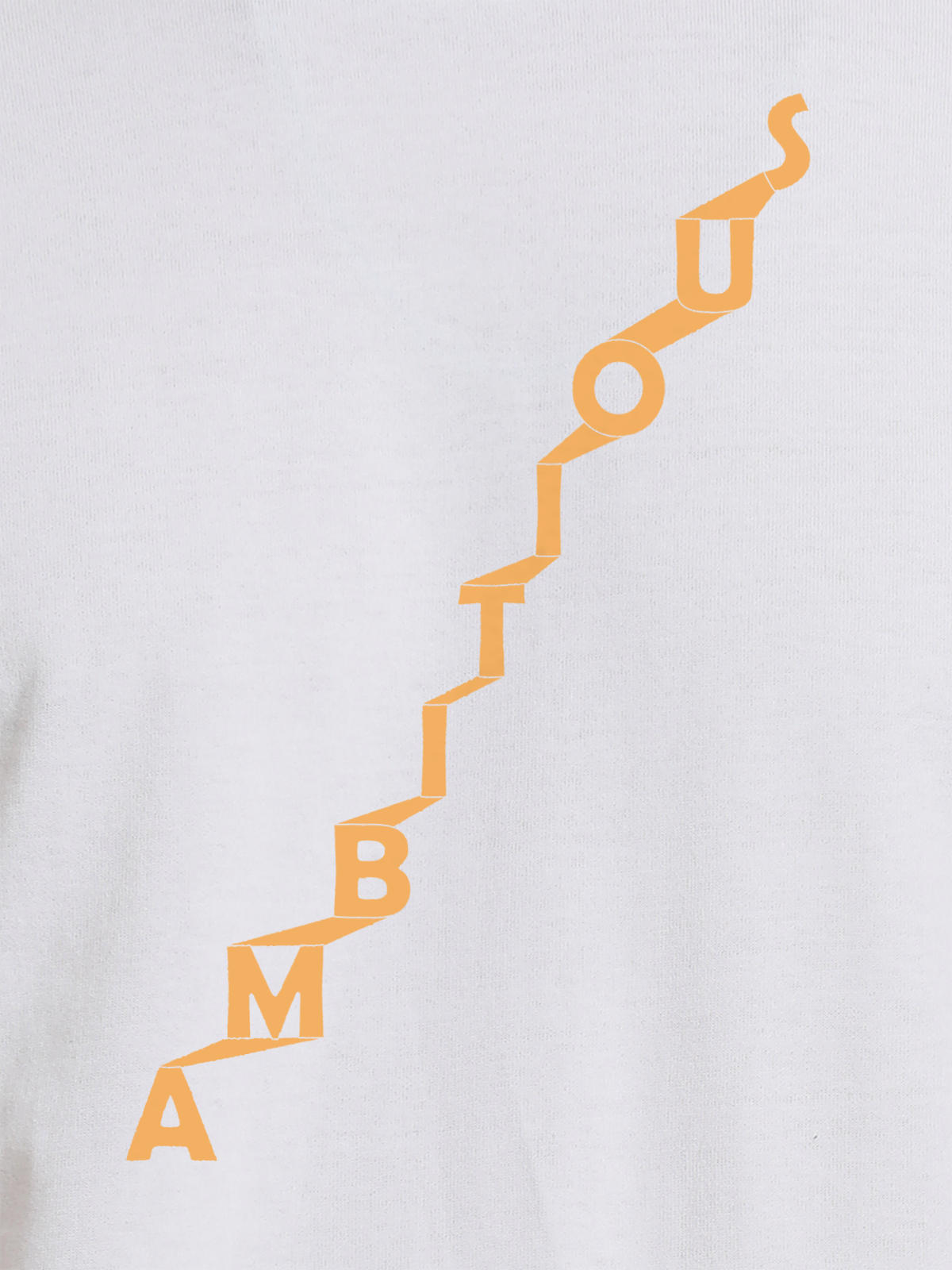 Close up of 'Ambitious' design on Women's White Round Neck T-shirt, highlighting intricate details and vibrant print.