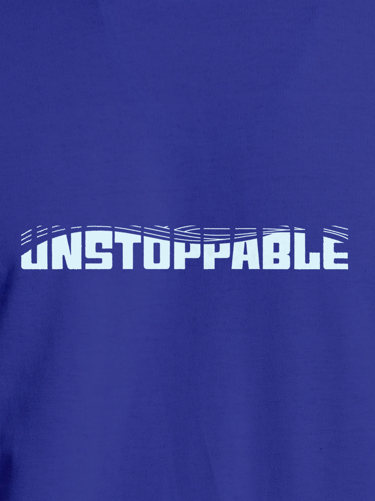 Close up of 'Unstoppable' design on Men's Blue Round Neck T-shirt, highlighting intricate details and vibrant print.