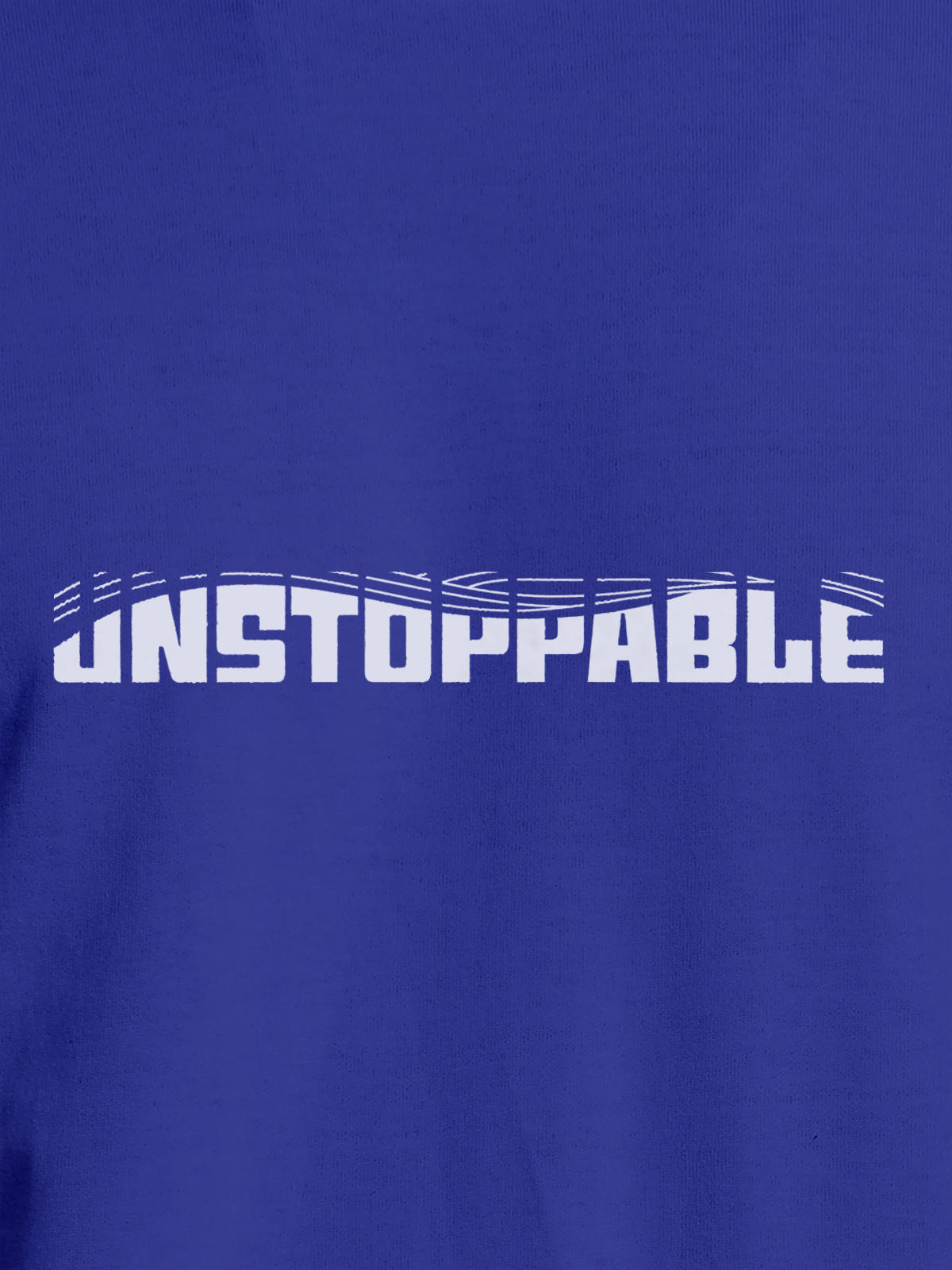 Close up of 'Unstoppable' design on Men's Blue Round Neck T-shirt, highlighting intricate details and vibrant print.
