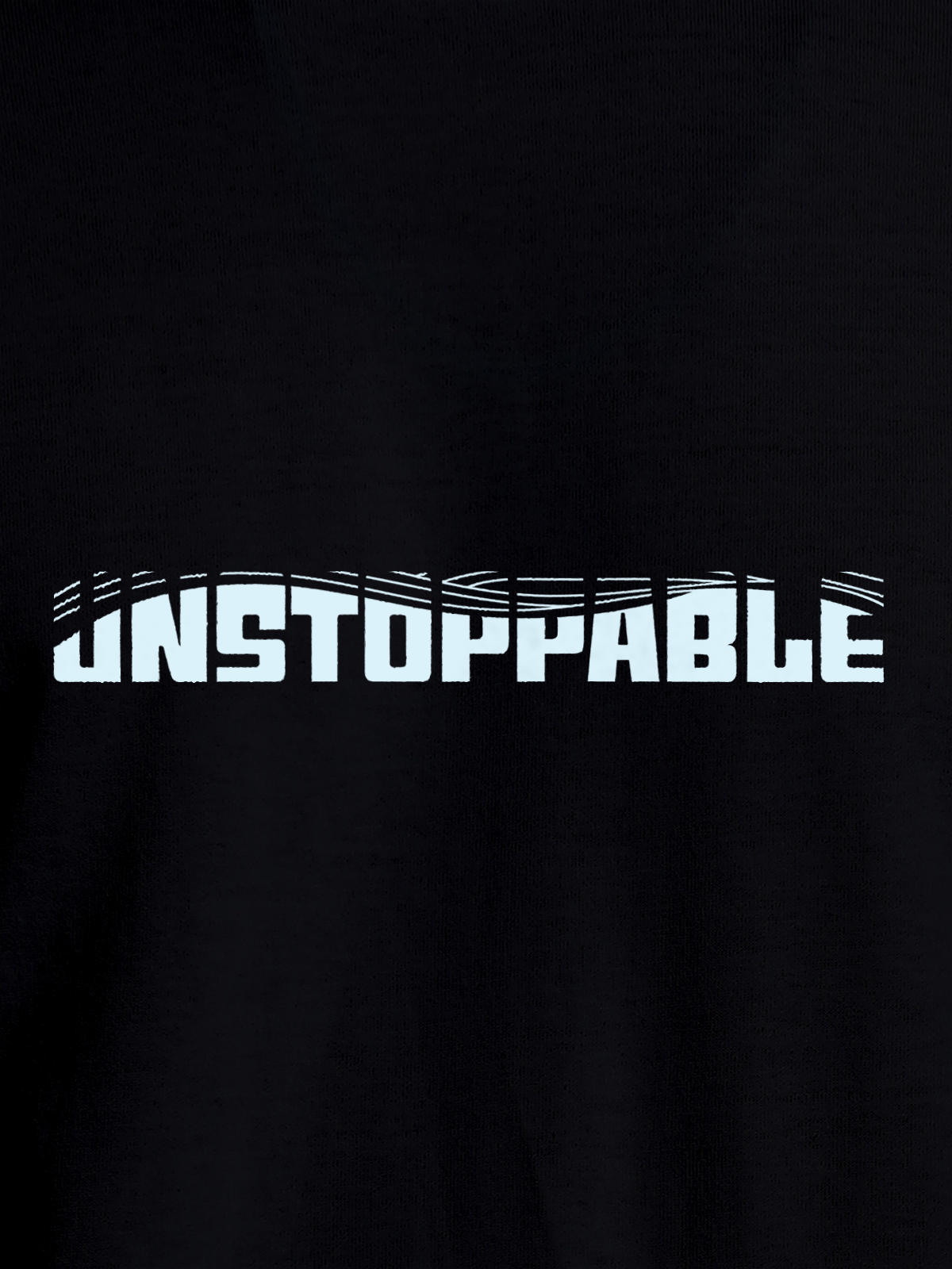 Close up of 'Unstoppable' design on Men's Black Round Neck T-shirt, highlighting intricate details and vibrant print.