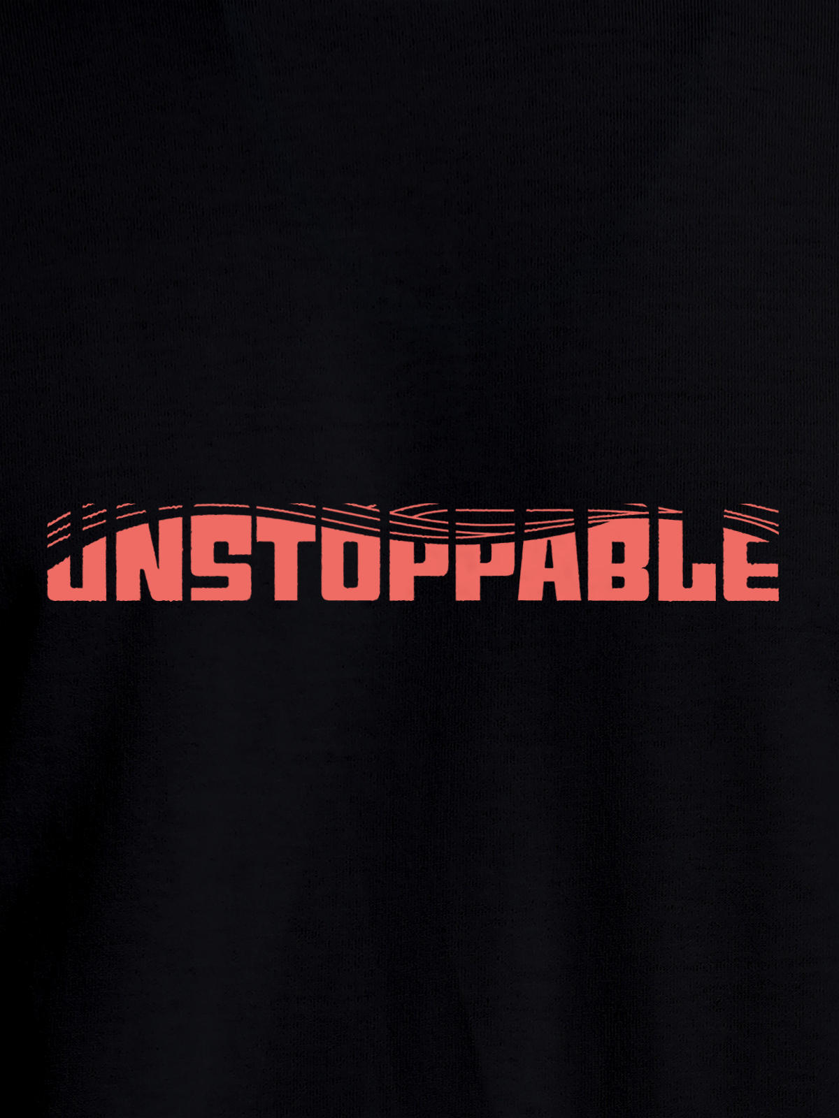 Close up of 'Unstoppable' design on Men's Black Round Neck T-shirt, highlighting intricate details and vibrant print.